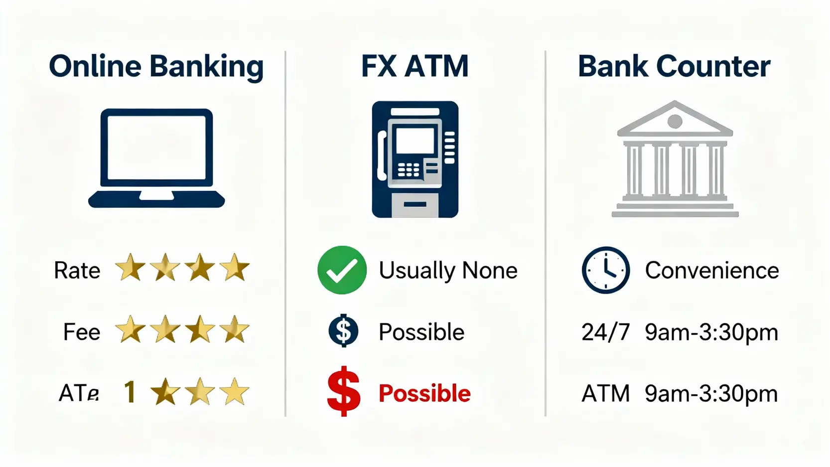線上換匯、外幣ATM、銀行臨櫃三大換美金管道優缺點比較圖