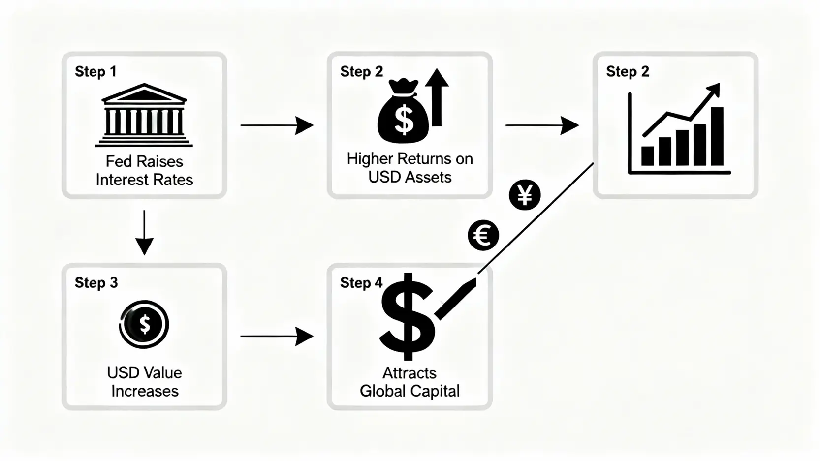 影響美元匯率的5大關鍵因素,搞懂美金漲跌原因與升息影響! 聯準會升息影響美元匯率的流程圖。