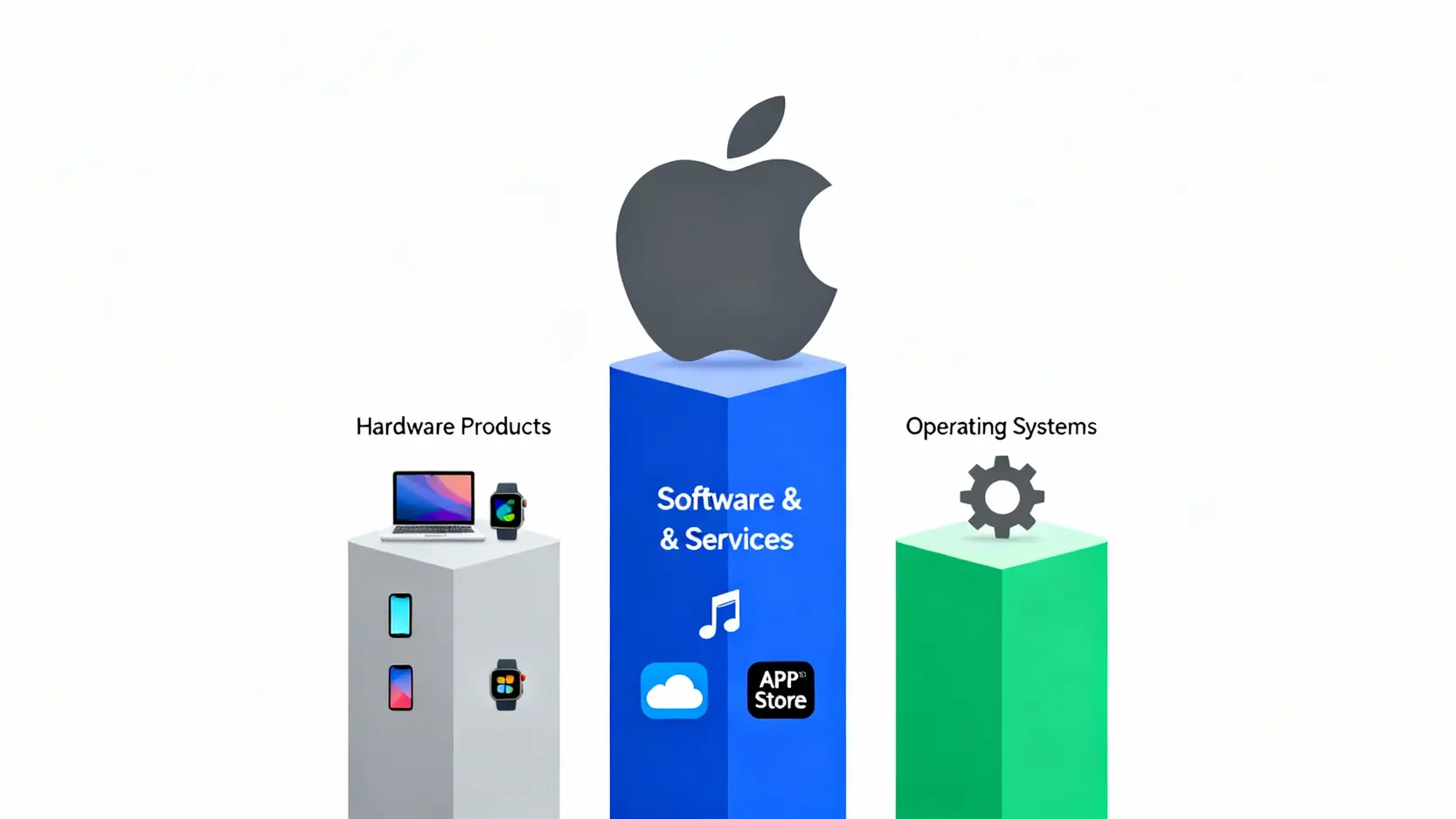 蘋果三大核心業務示意圖，包含硬體產品、軟體與服務、作業系統，共同支撐起蘋果品牌。
