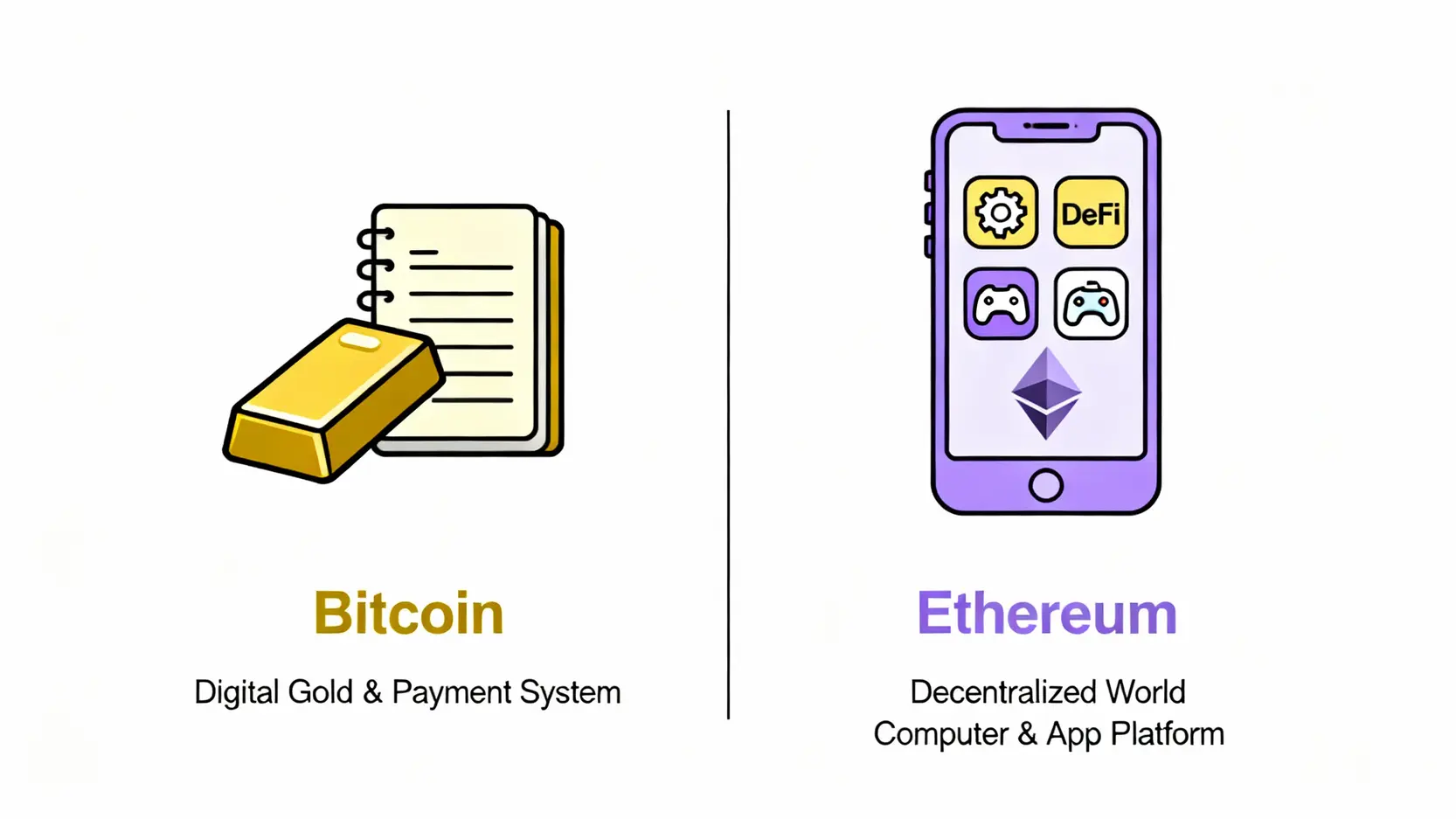 【2025新手指南】以太坊是什麼?一篇搞懂以太幣(ETH)與它的真實關係 比特幣與以太坊的核心差異比較圖,比特幣是數位黃金,以太坊是去中心化應用平台。