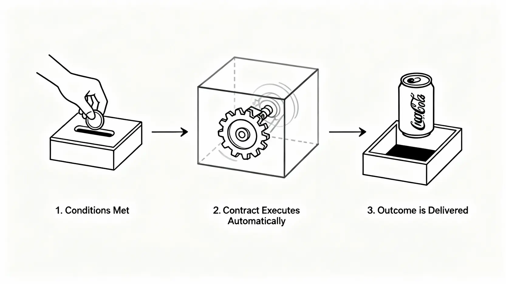 【2025新手指南】以太坊是什麼?一篇搞懂以太幣(ETH)與它的真實關係 智能合約運作原理流程圖,以自動販賣機為例說明條件滿足後合約自動執行。