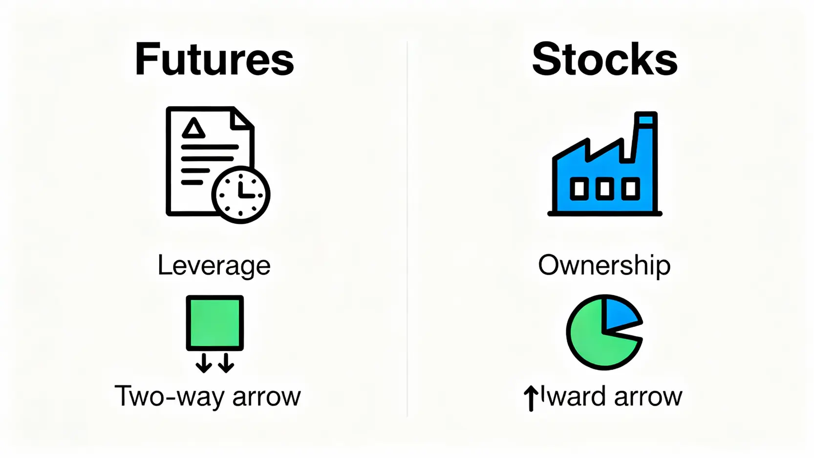 新手期貨投資入門懶人包:從開戶教學到交易策略,一篇搞懂! 期貨與股票的核心差異對比圖,突顯槓桿、交易方向與本質的不同。