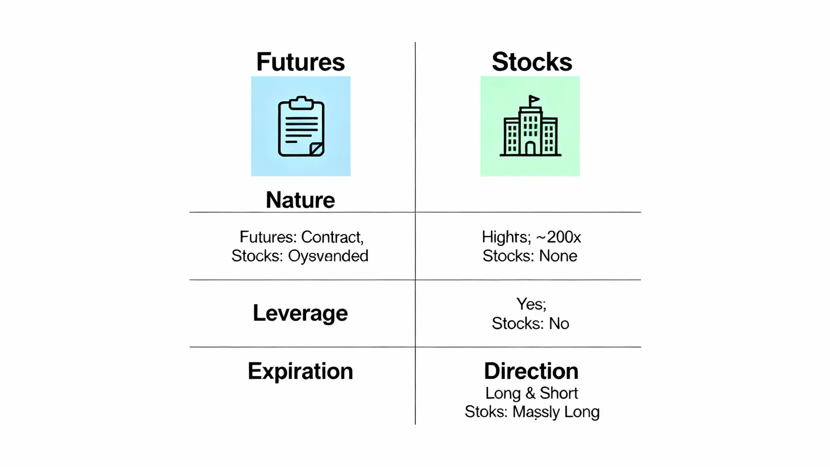 期貨與股票的比較圖，從本質、槓桿、合約期限、交易方向四個面向進行對比。