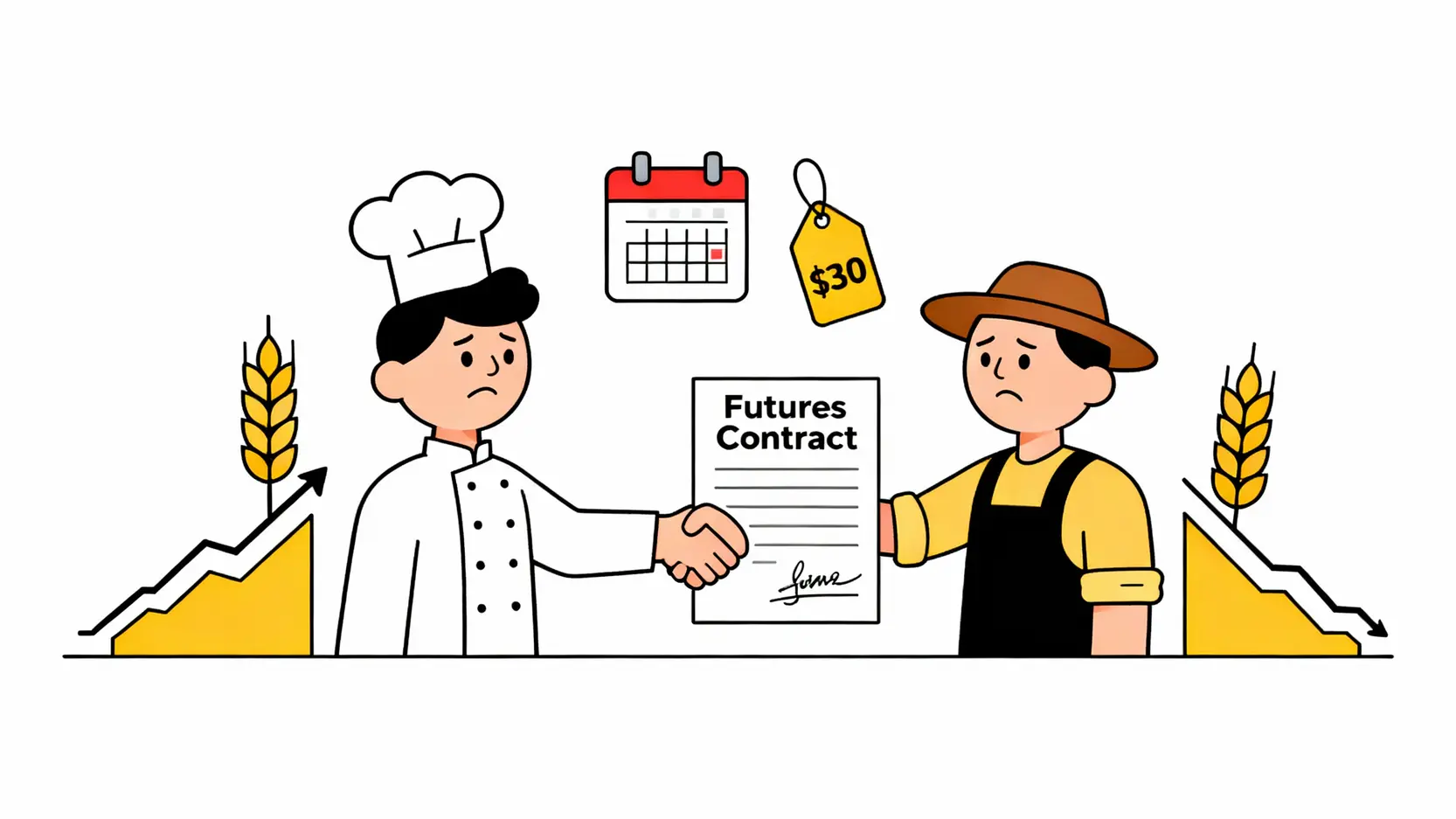 期貨合約概念圖，顯示麵包師傅與農夫簽訂未來合約以鎖定小麥價格。