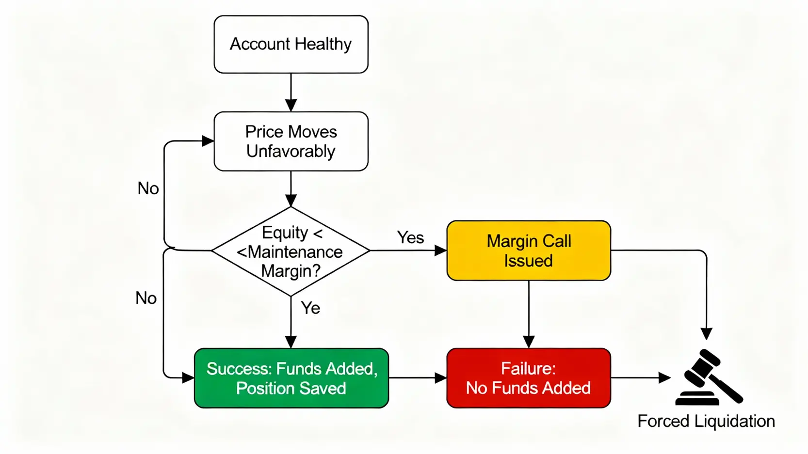 期貨強制平倉流程圖，解釋從保證金不足到被強制平倉的過程
