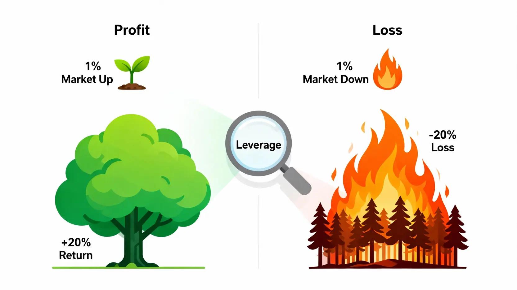 期貨槓桿效應示意圖，展示了槓桿如何同時放大獲利與虧損