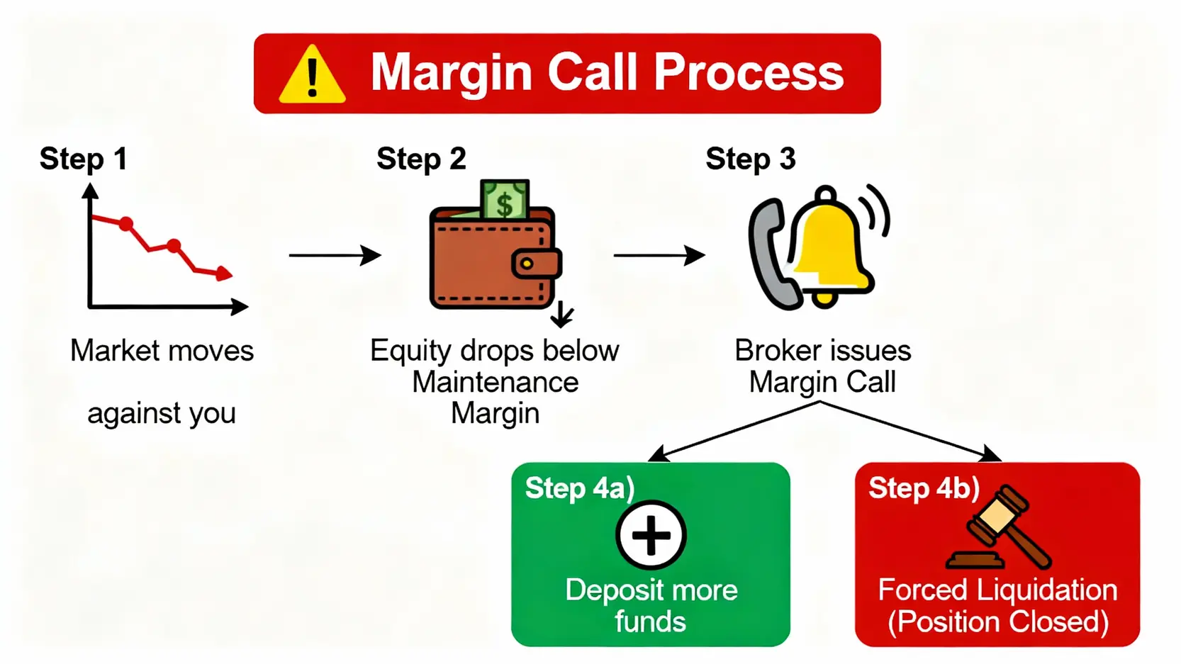 期貨保證金追繳流程圖，解釋從市場虧損到被強制平倉的過程。