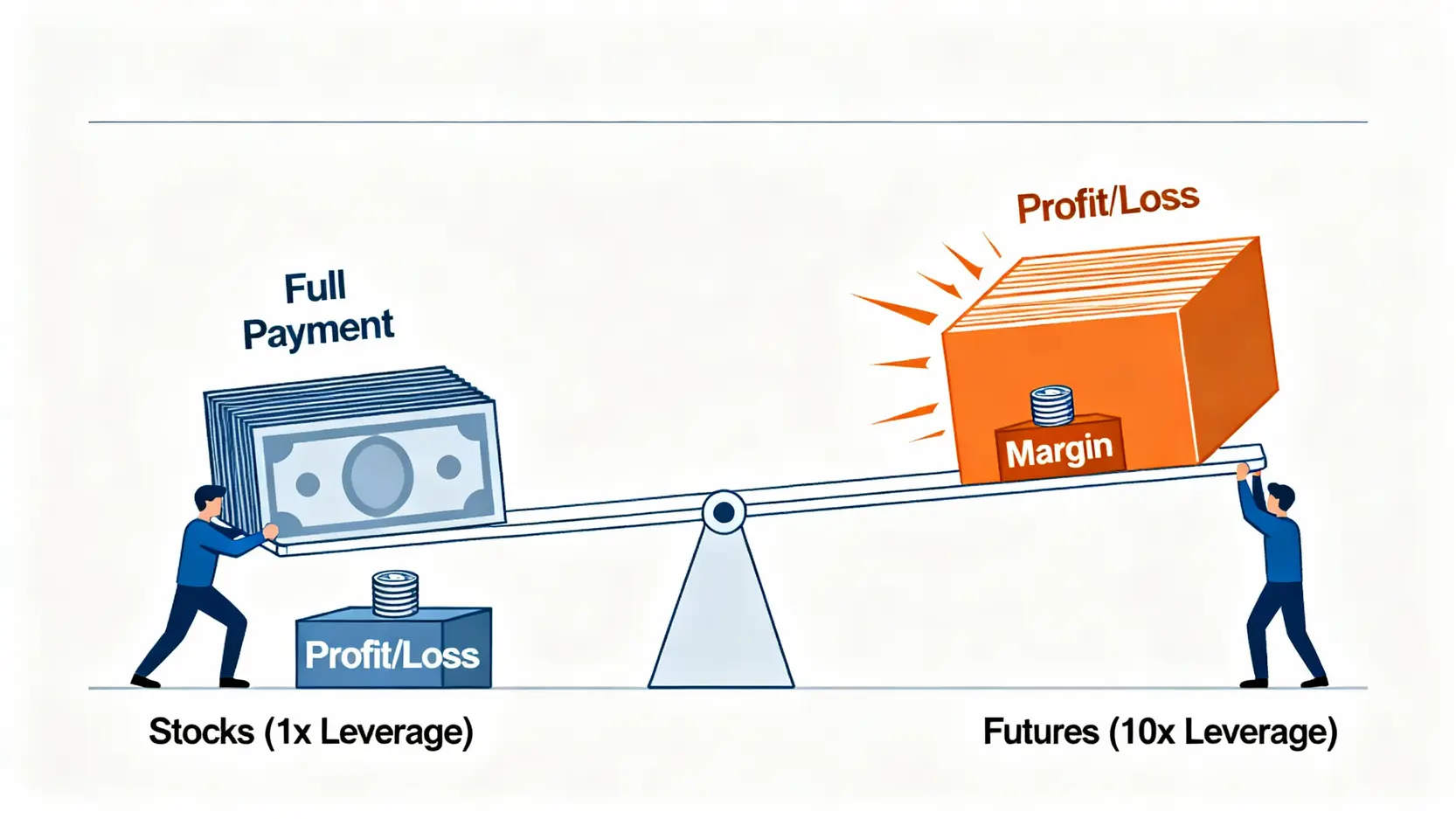 期貨槓桿效應示意圖，顯示如何用少量保證金控制大額資產，並同時放大獲利與虧損。