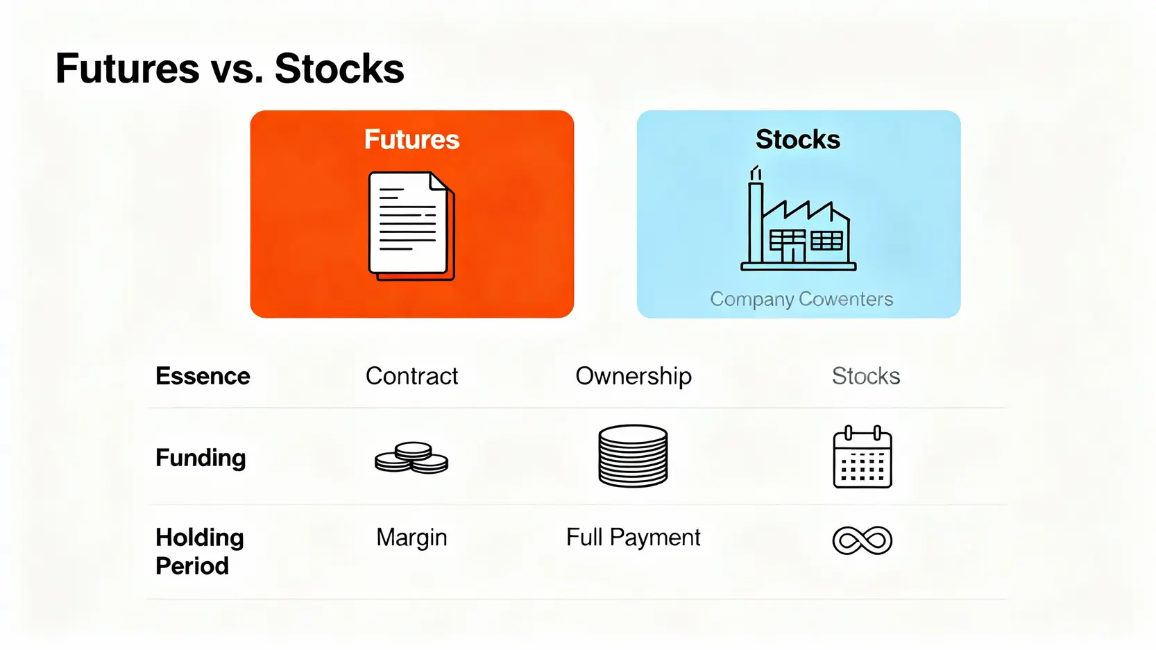 期貨與股票的三大核心差異對比圖，包含本質、資金運用和持有期限的比較。