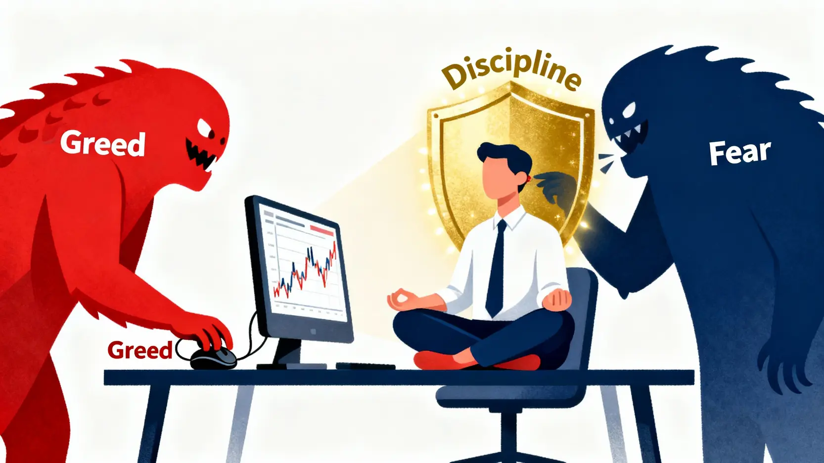 一位交易者正在對抗代表貪婪與恐懼的兩個心魔，象徵著在期貨投資中嚴守紀律的重要性。