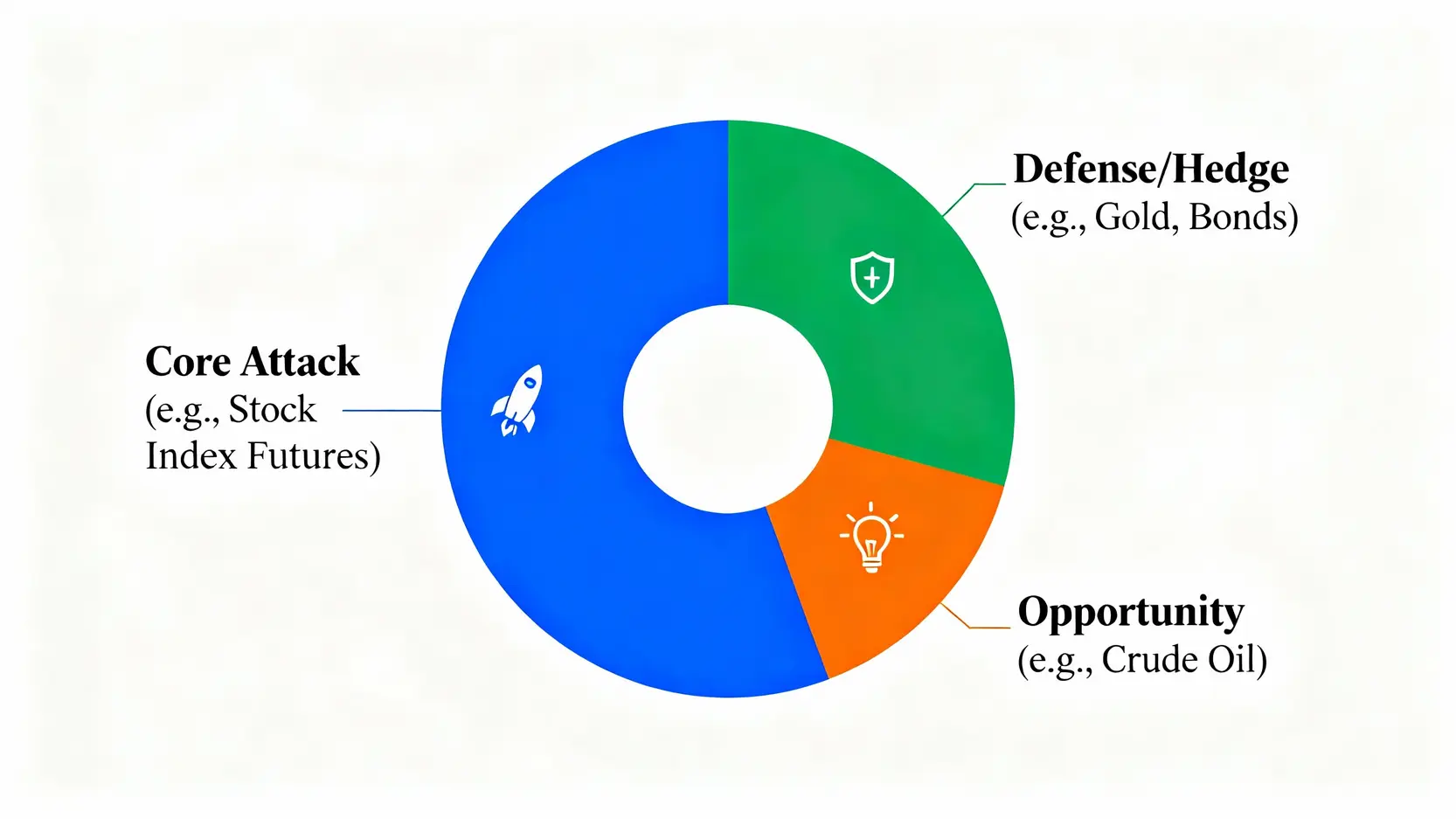 一個期貨投資組合的資產配置環圈圖，顯示60%為核心攻擊部位，30%為防禦避險部位，10%為機會探索部位。