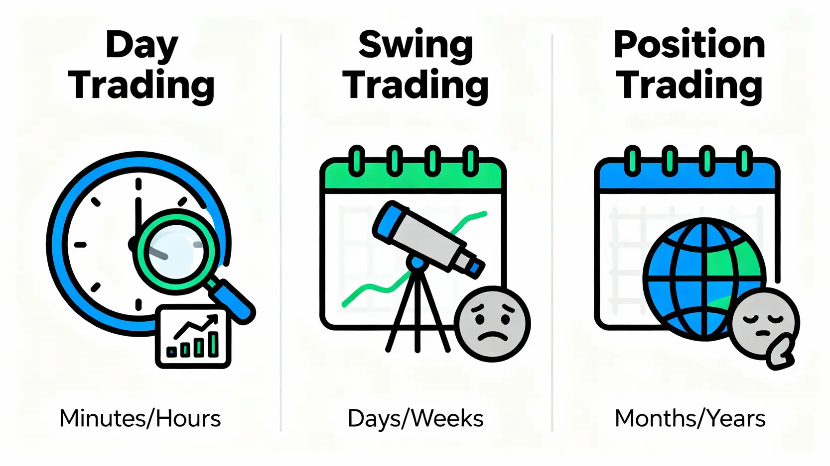 三種期貨交易週期的對比圖，分別說明當沖交易、波段交易與長線交易的持倉時間、策略與風格。