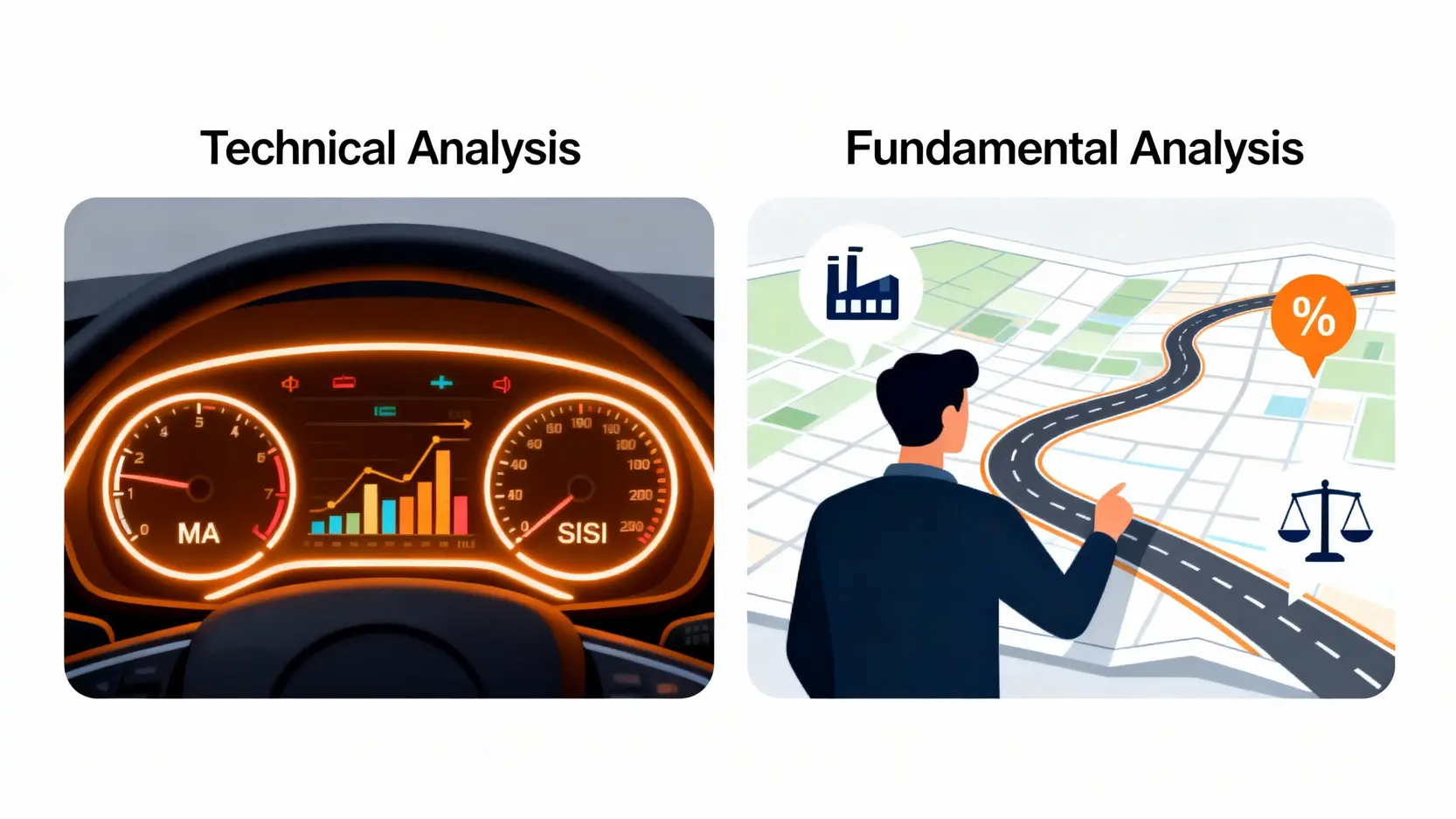 技術分析與基本面分析的區別，前者如看儀表板，後者如看戰略地圖。