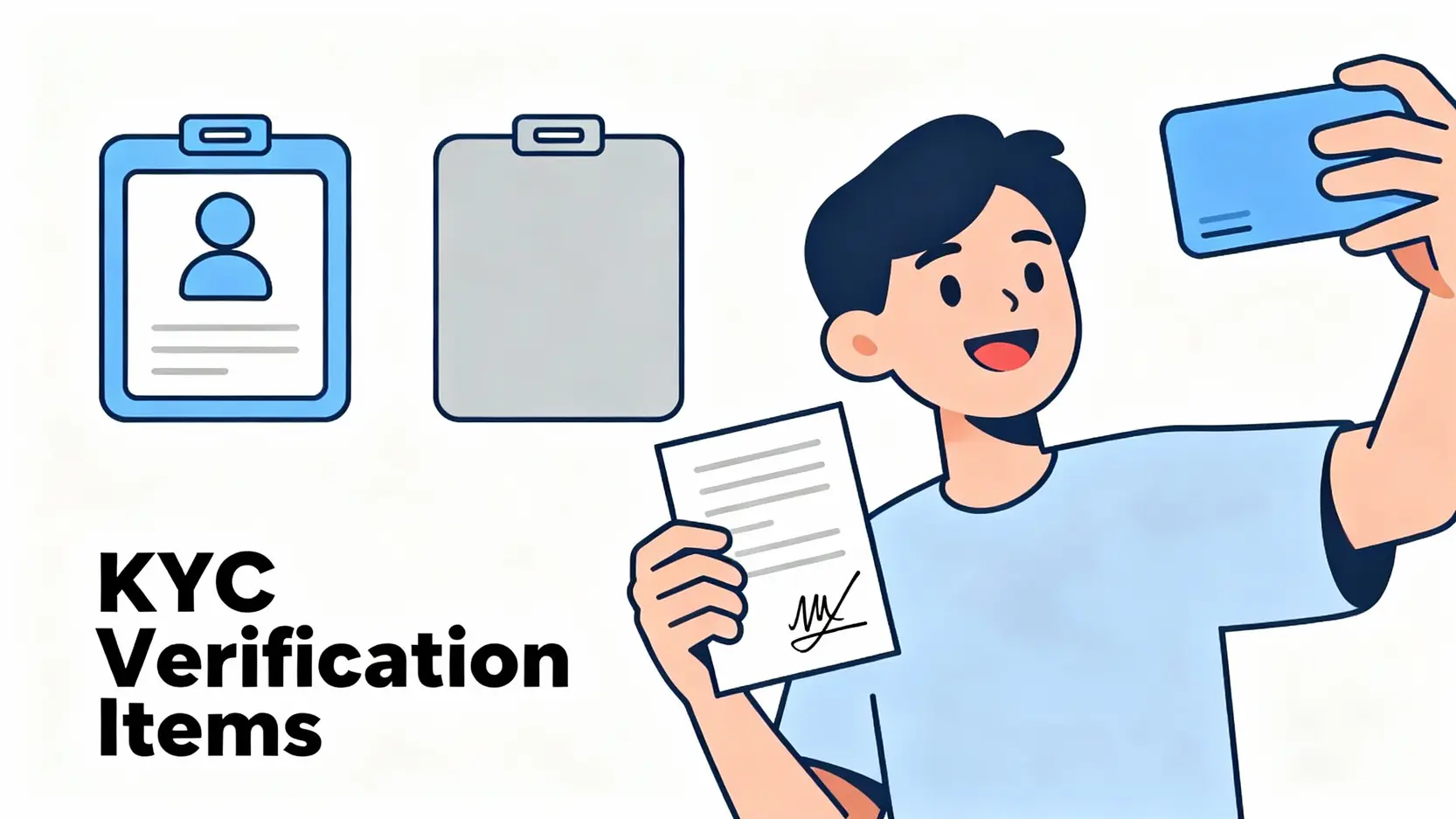 【2025最新】虛擬貨幣交易所推薦:5大入門平台評比與開戶教學 虛擬貨幣交易所KYC身份驗證所需文件示意圖,包含身分證正反面與手持證件的自拍照。