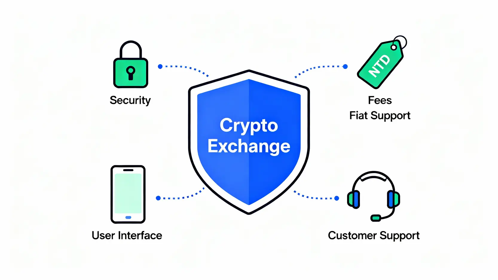 【2025最新】虛擬貨幣交易所推薦:5大入門平台評比與開戶教學 選擇虛擬貨幣交易所的五大關鍵評估指標示意圖,包含安全性、手續費、台幣支援、使用者介面與客戶服務。