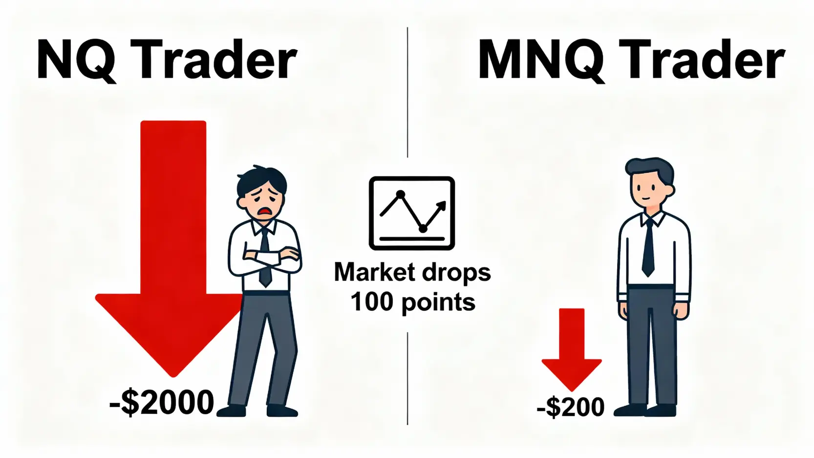 MNQ與NQ區別在哪?一張圖秒懂合約規格、保證金與交易策略 相同指數下跌100點時,NQ交易者虧損2000美元與MNQ交易者虧損200美元的風險對比圖。