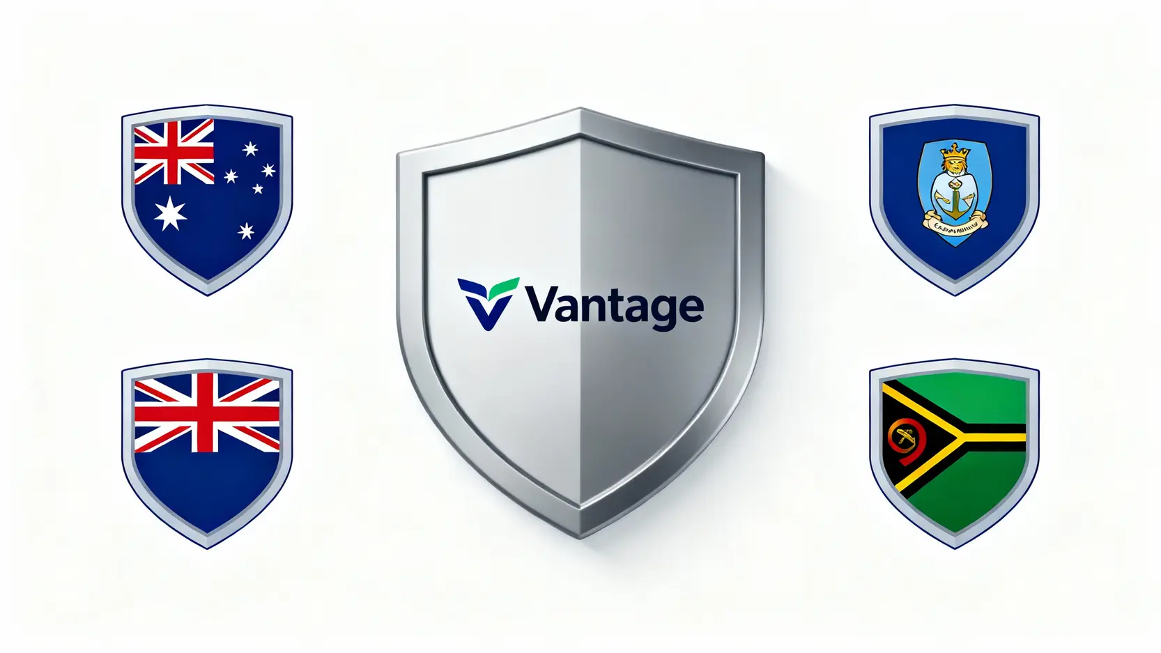 Vantage評價指南:開戶教學、安全性與手續費全解析 Vantage受多國監管的安全示意圖,展示其受ASIC、FCA等機構的保護。