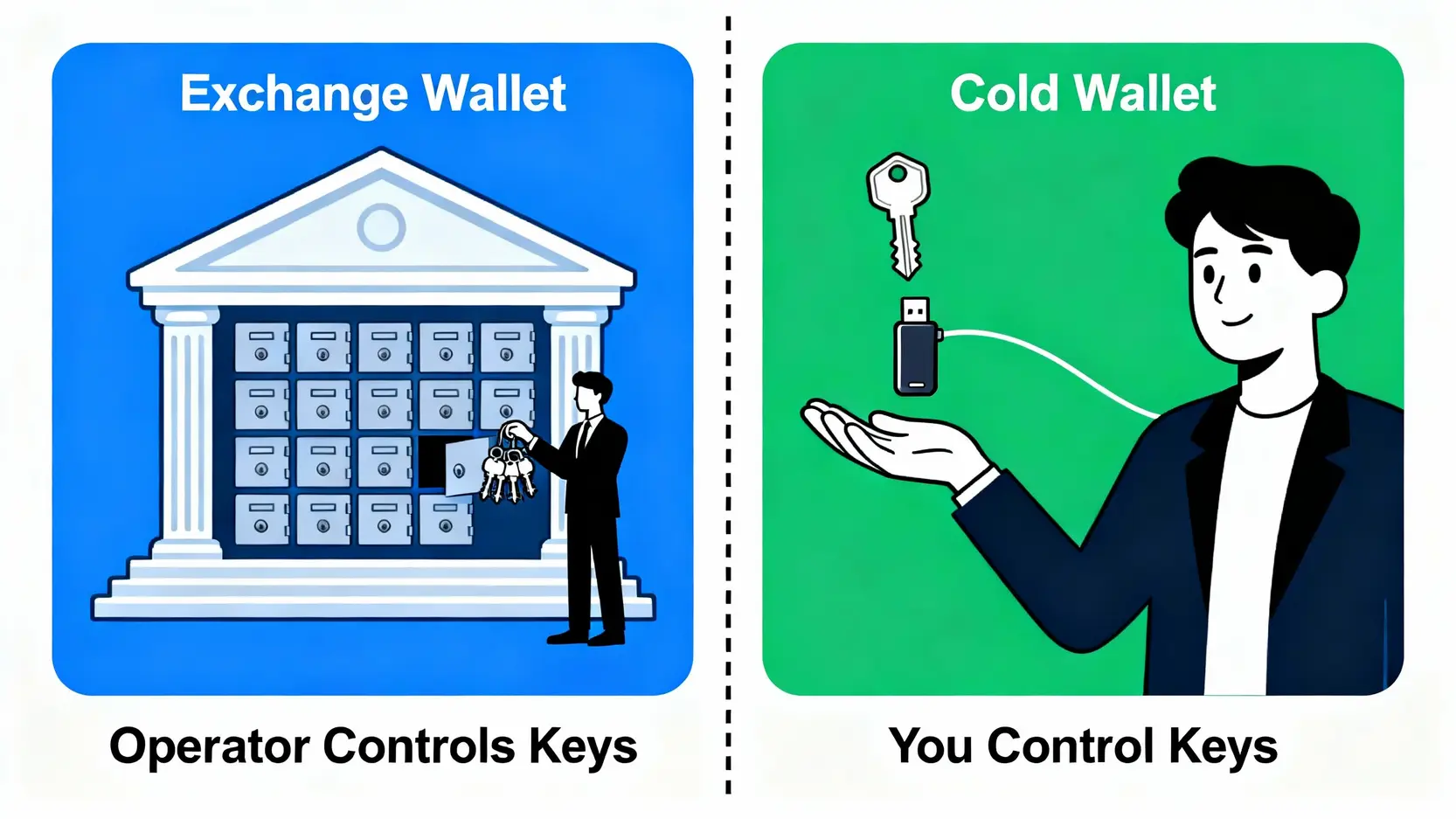 最安全的交易所排名:5大指標教你如何評估交易所風險,避開詐騙陷阱 一張對比圖,左邊是交易所錢包,由平台控制私鑰;右邊是冷錢包,由用戶自己控制私鑰。