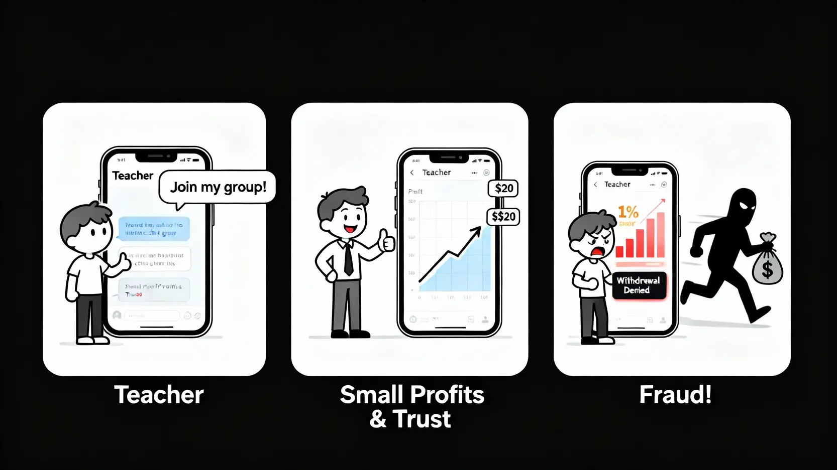 老師帶單投資詐騙手法的流程圖，從邀請、用小利建立信任到最後拒絕出金的詐騙過程。