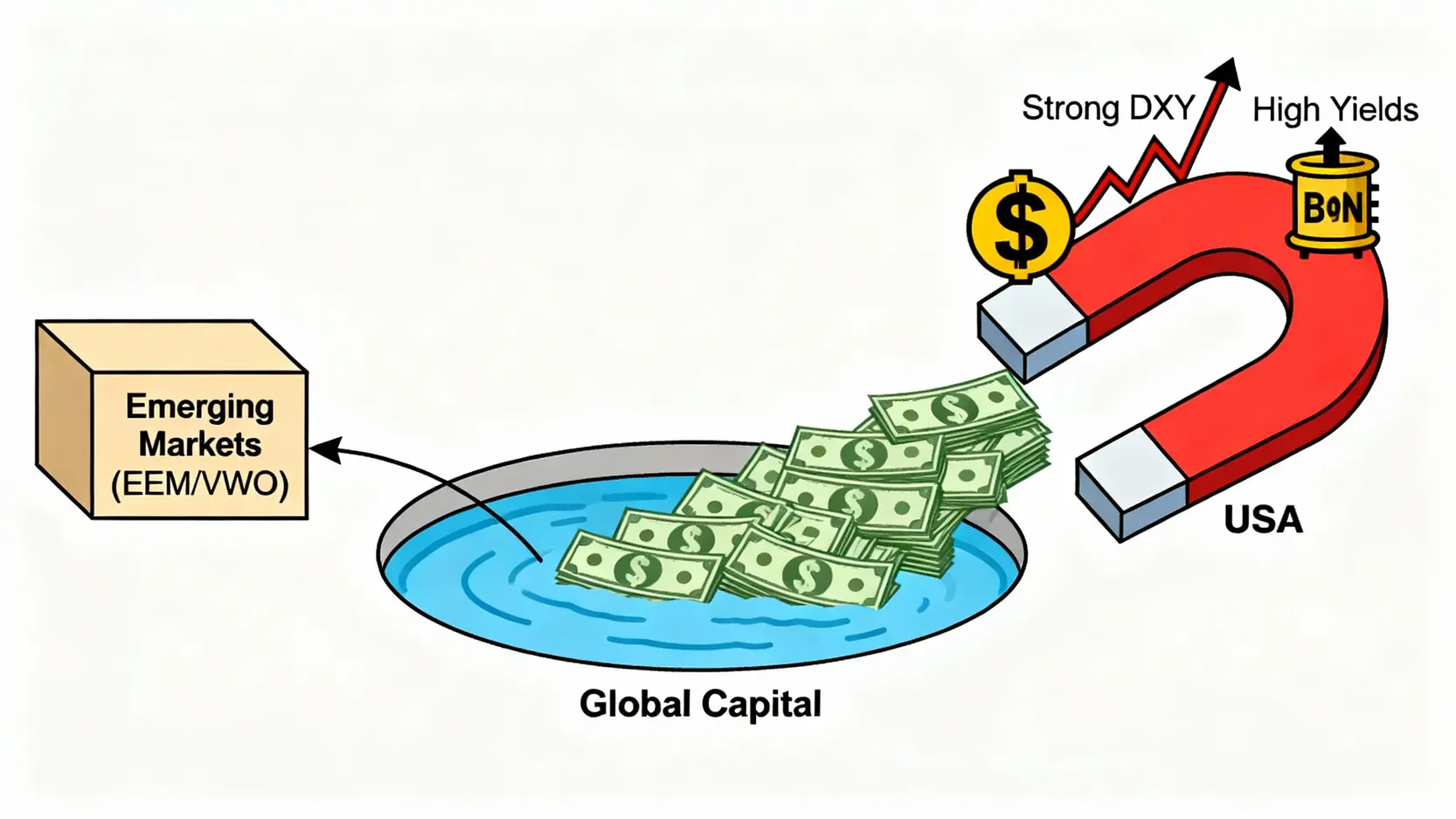 資金流向查詢終極指南:3大工具帶你掌握市場資金動能,預判趨勢 全球資金流向三大指標關係圖,顯示強勢美元與高美債殖利率會吸引資金,排擠新興市場