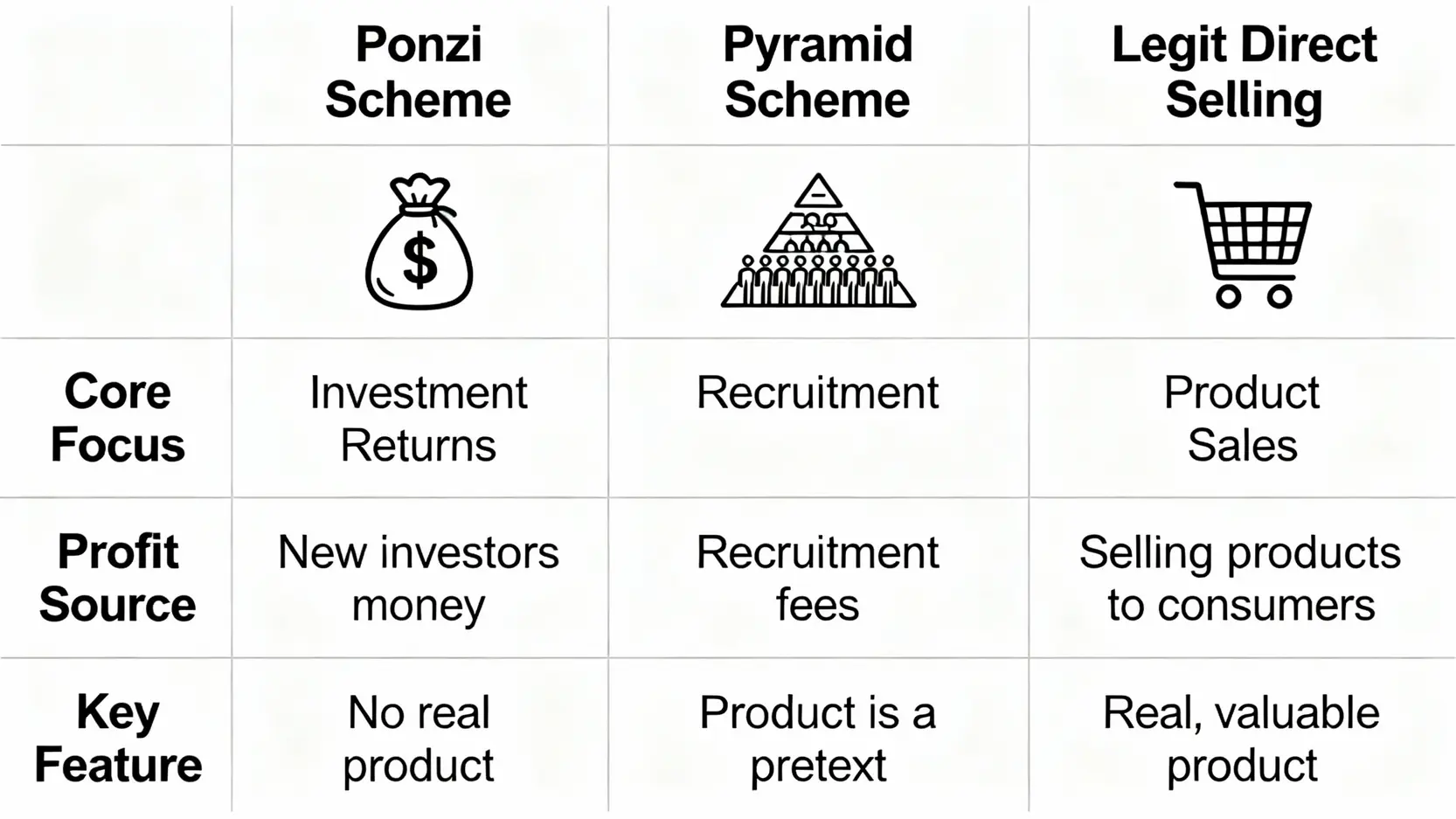 一張圖表比較資金盤、老鼠會與合法直銷三者在核心、利潤來源與特徵上的區別。