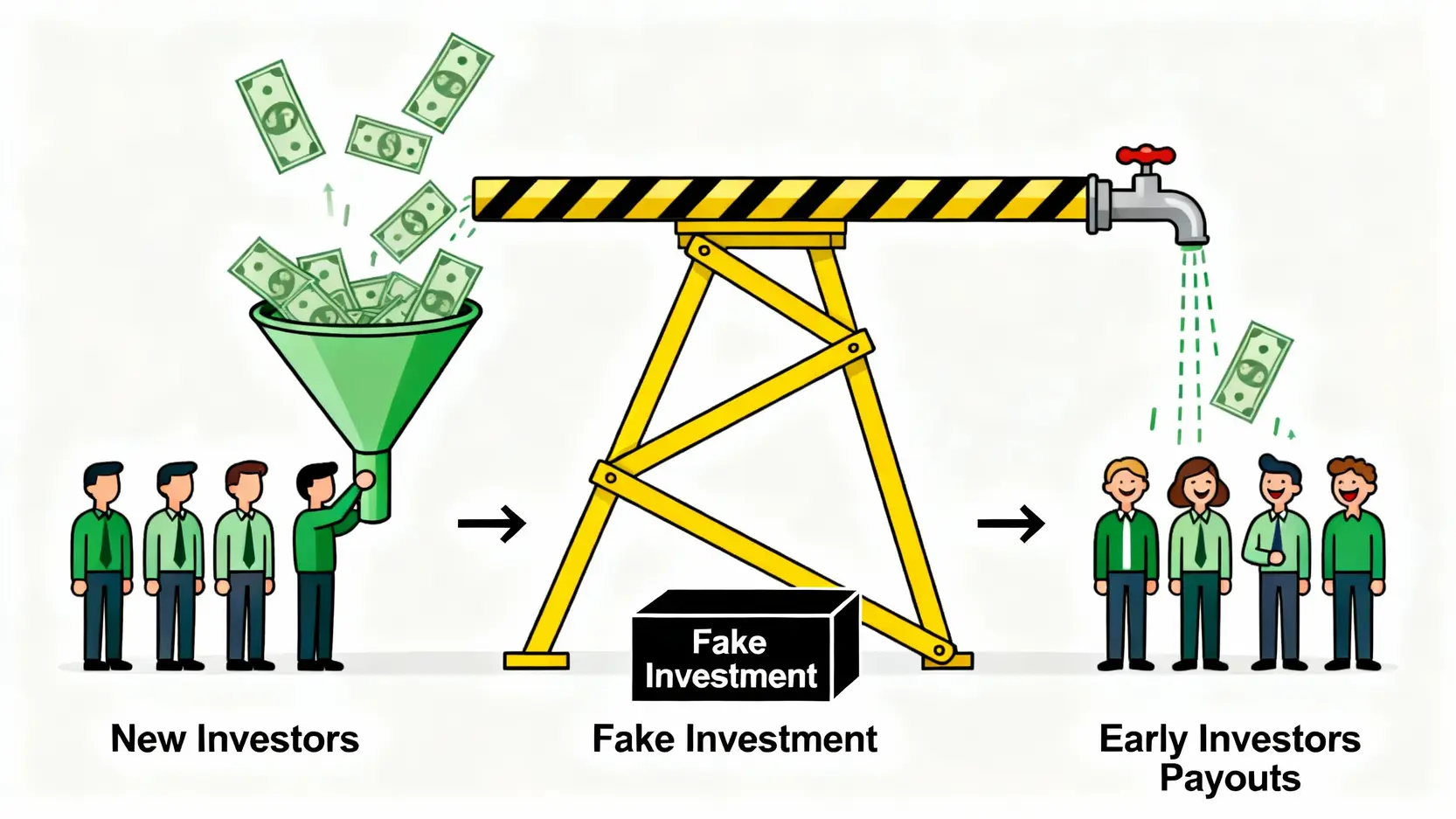一張概念圖解釋資金盤運作模式，顯示新投資人的錢直接支付給舊投資人，中間的投資項目是空的。