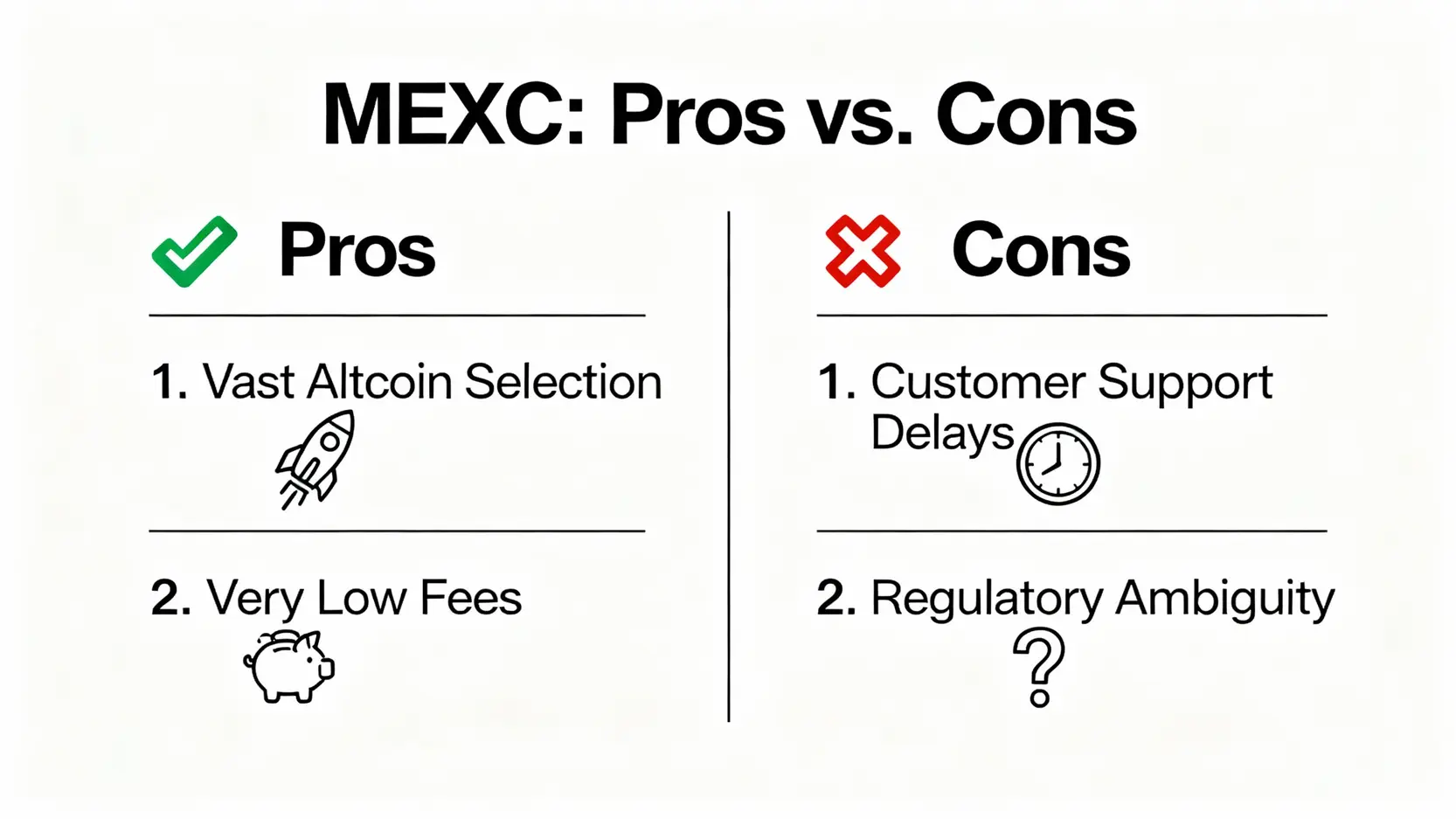 【2025 MEXC 交易所評價】是詐騙嗎?PTT、Dcard 真實心得、手續費與開戶教學一篇搞定! MEXC交易所的優缺點對比圖,左邊是優點如豐富山寨幣和低手續費,右邊是缺點如客服延遲和監管模糊。