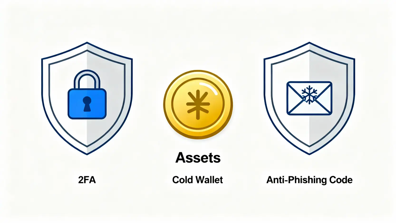 【2025 MEXC 交易所評價】是詐騙嗎?PTT、Dcard 真實心得、手續費與開戶教學一篇搞定! MEXC交易所多重資產安全保障示意圖,包含2FA、冷錢包和防釣魚碼三層防護。