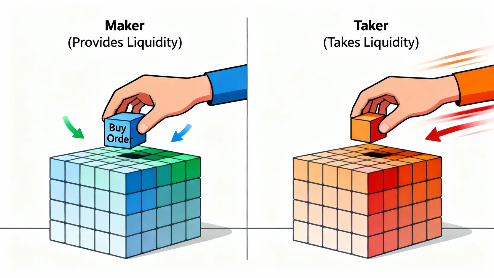 一張圖解釋Maker與Taker的區別，掛單者提供流動性，吃單者消耗流動性。