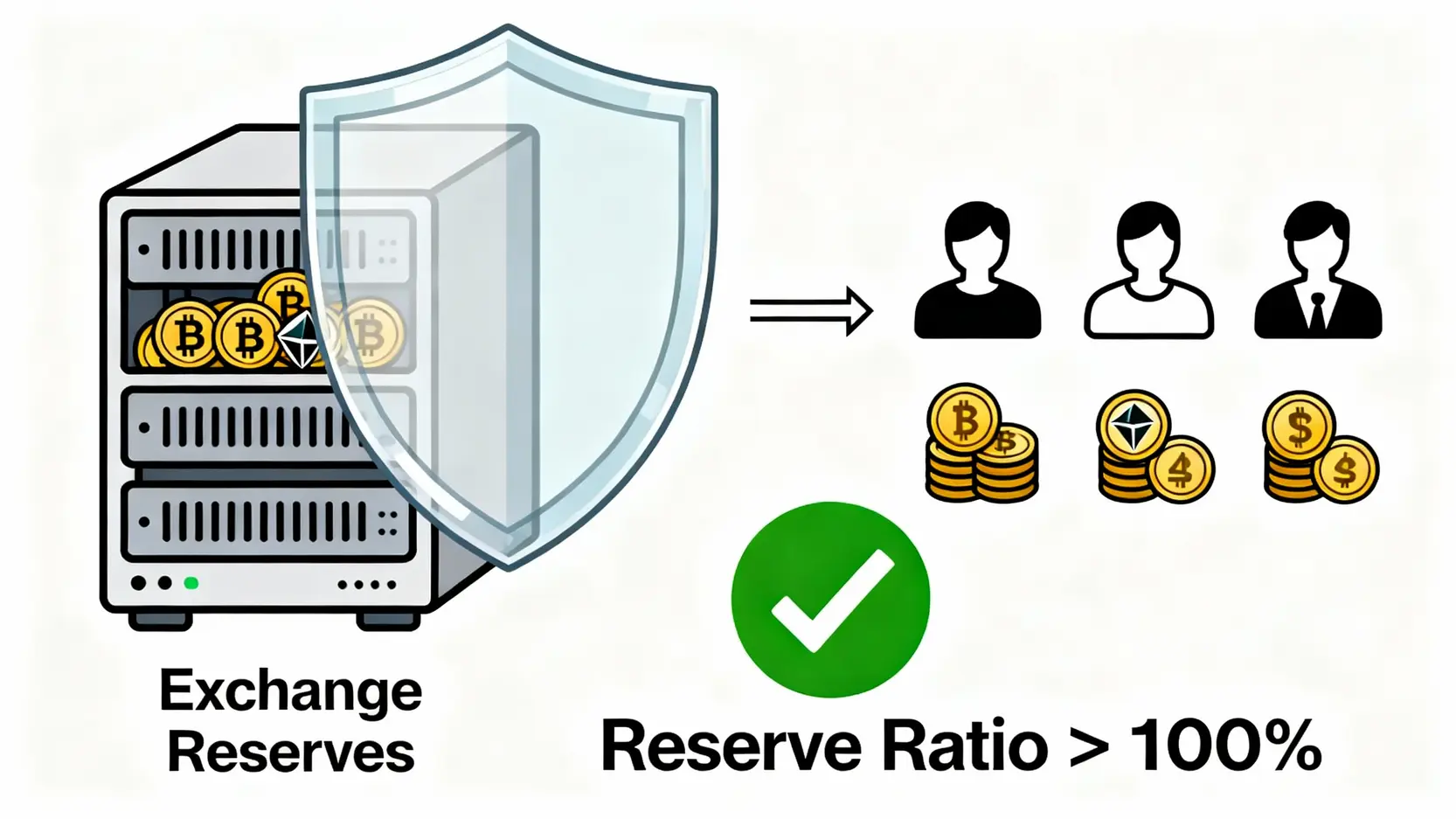 資產儲備證明PoR示意圖，顯示交易所儲備的資產大於用戶存款總額，確保資金安全。
