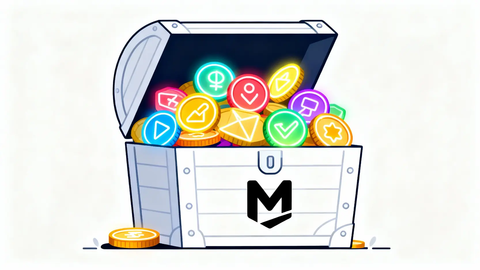 一個打開的寶箱，裡面裝滿了各式各樣的山寨幣，象徵MEXC交易所是尋找潛力幣種的寶庫。