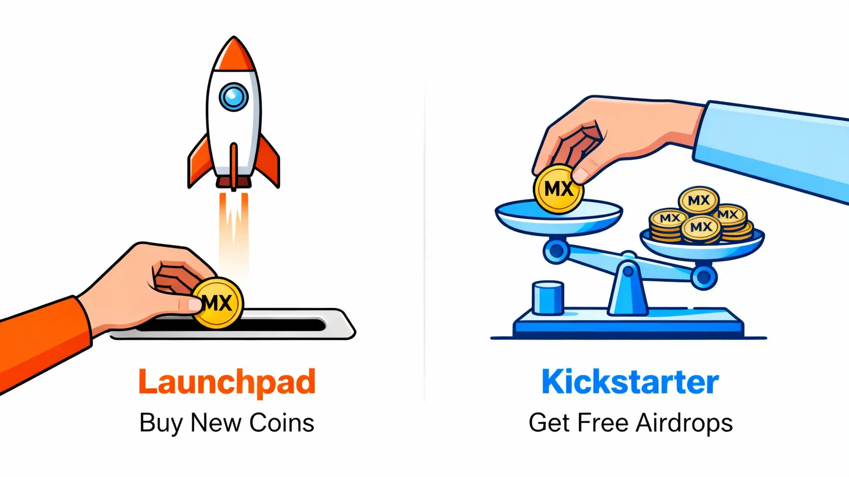 MEXC MX Token用途全解析:質押、Launchpad與Kickstarter教學 MEXC Launchpad與Kickstarter的對比圖,左邊顯示用MX幣購買新幣,右邊顯示用MX幣投票免費獲得空投。