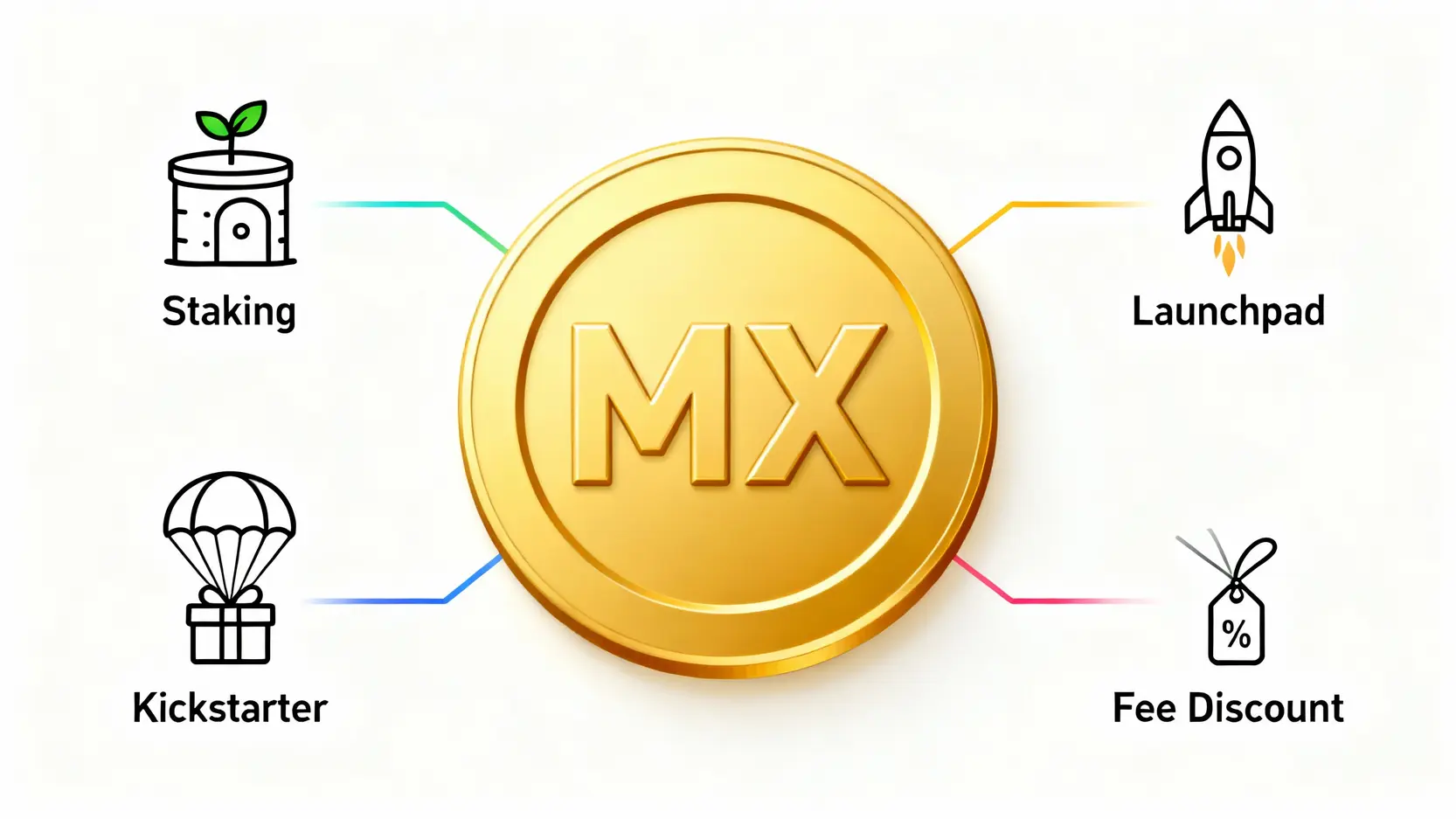 MEXC MX Token用途全解析:質押、Launchpad與Kickstarter教學 MX Token核心功能示意圖,展示其作為中心,連接Staking質押、Launchpad新幣申購、Kickstarter空投和手續費折扣四大用途。