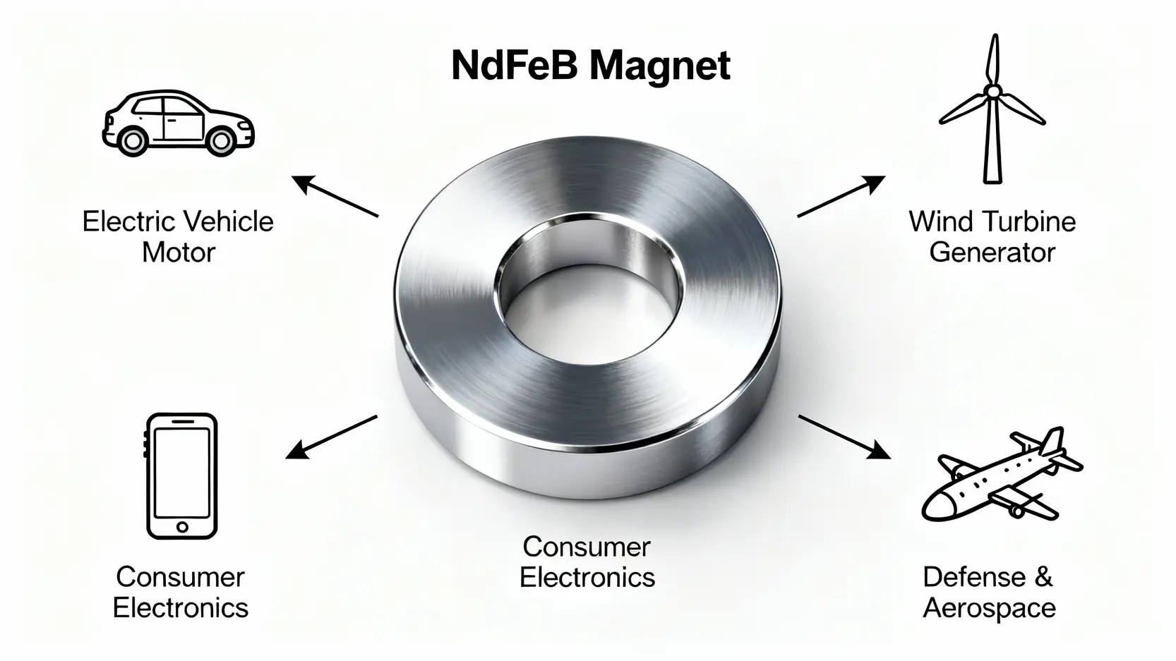 一張圖說明稀土磁鐵在四大領域的應用，包括電動車馬達、風力發電機、消費性電子產品和國防航太工業。