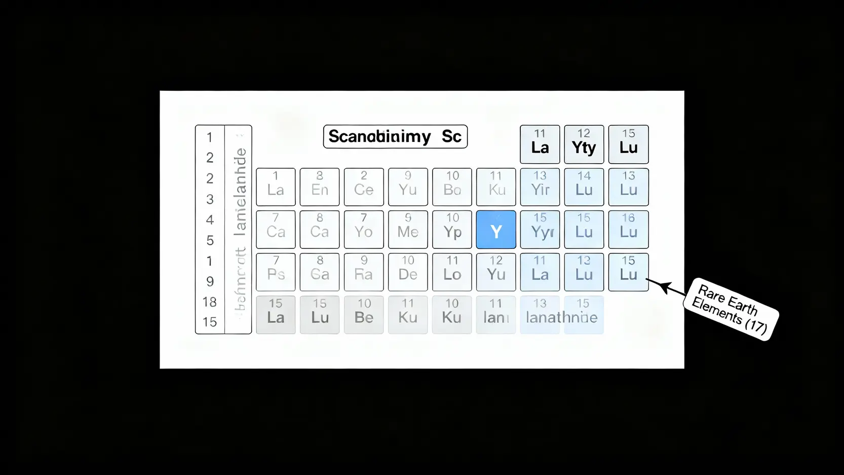 元素週期表上標示出的17種稀土元素，包括鑭系元素、鈧和釔。