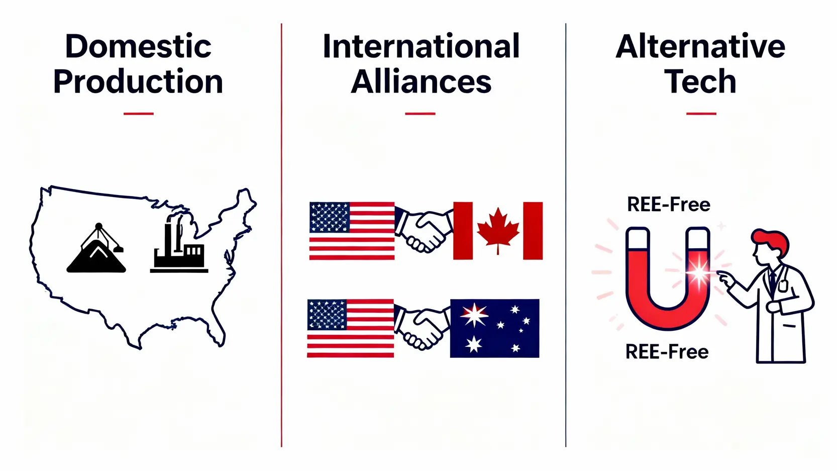 美國重建稀土供應鏈的三大策略：重啟國內生產、尋求國際盟友、投資替代技術。