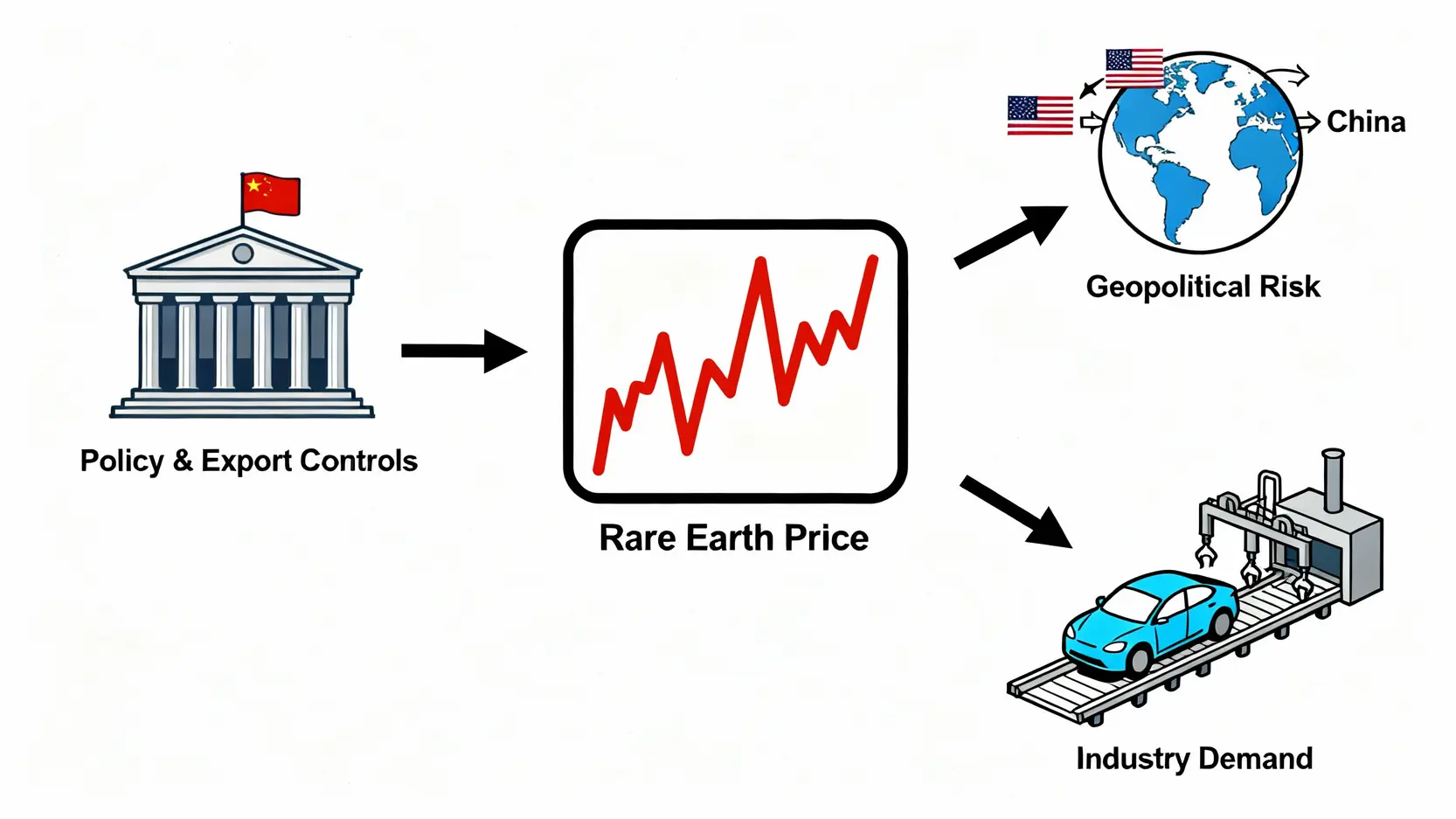 影響稀土價格波動的三大因素圖解：中國政策、地緣政治風險與下游產業需求。