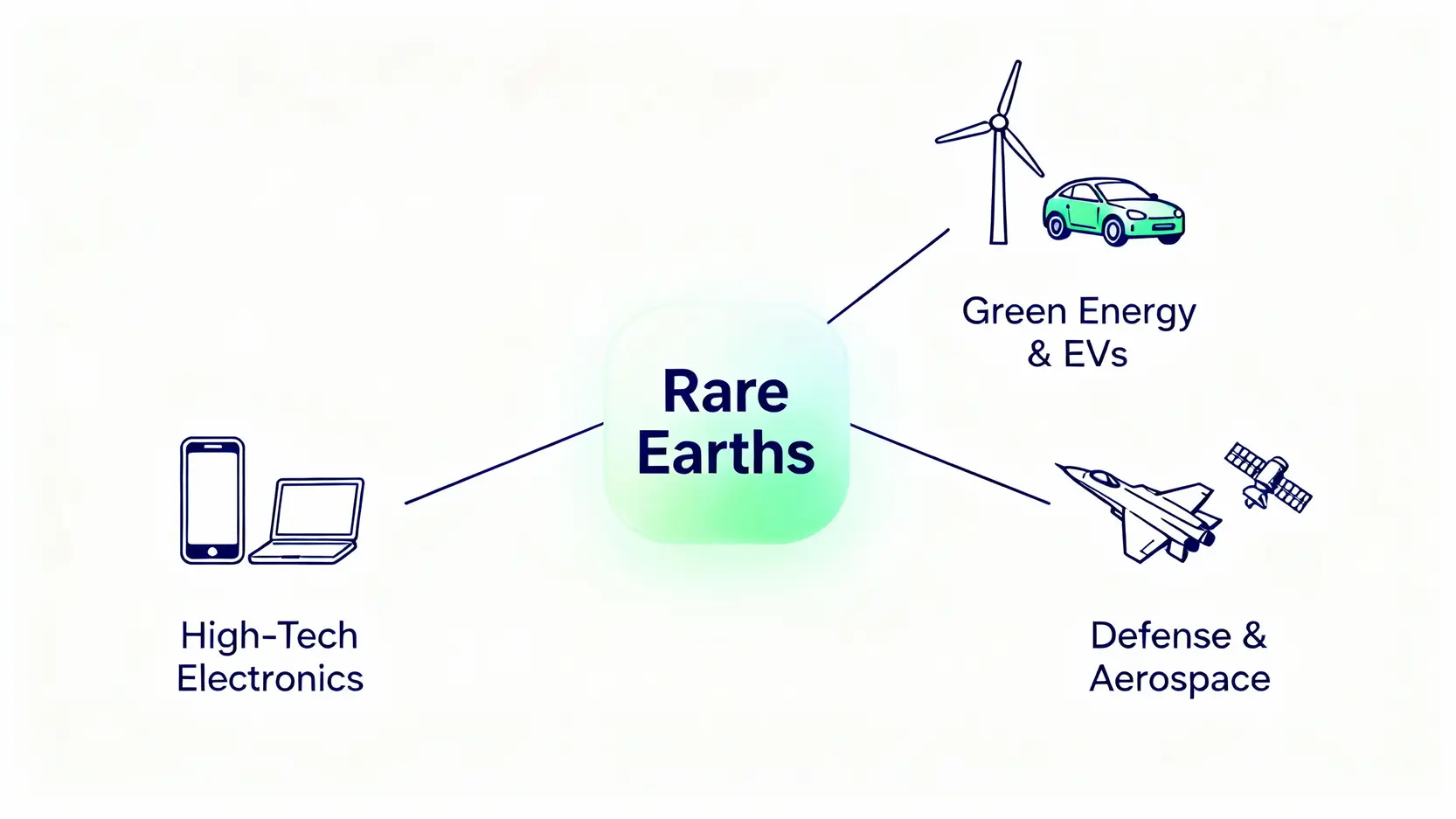 一張圖說明稀土的三大主要用途：高科技電子產品、綠色能源與電動車、以及國防軍事工業。