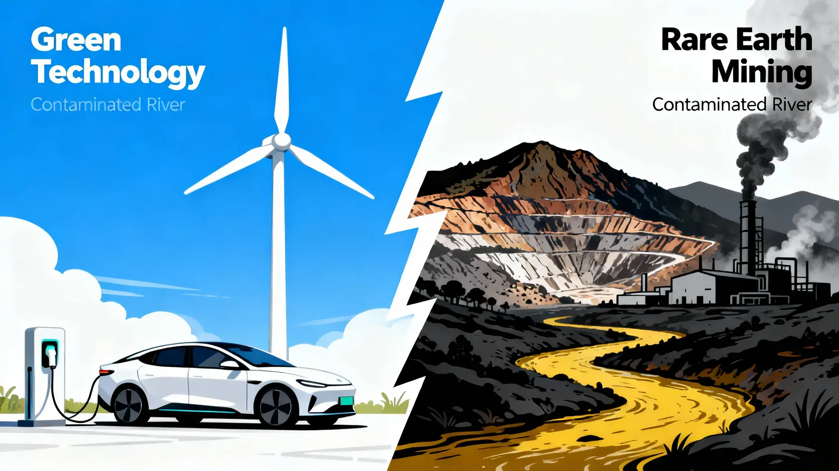 稀土污染的代價:深入解析開採風險與環保議題 一張對比圖,左邊是乾淨的電動車和風力發電機,右邊是污染嚴重的稀土礦區,揭示綠色科技背後的環境代價。