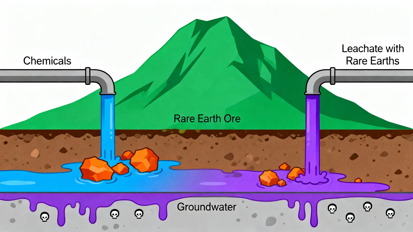 稀土污染的代價:深入解析開採風險與環保議題 原地浸漬法開採稀土的示意圖,展示化學溶液注入山體溶解稀土並污染地下水的過程。