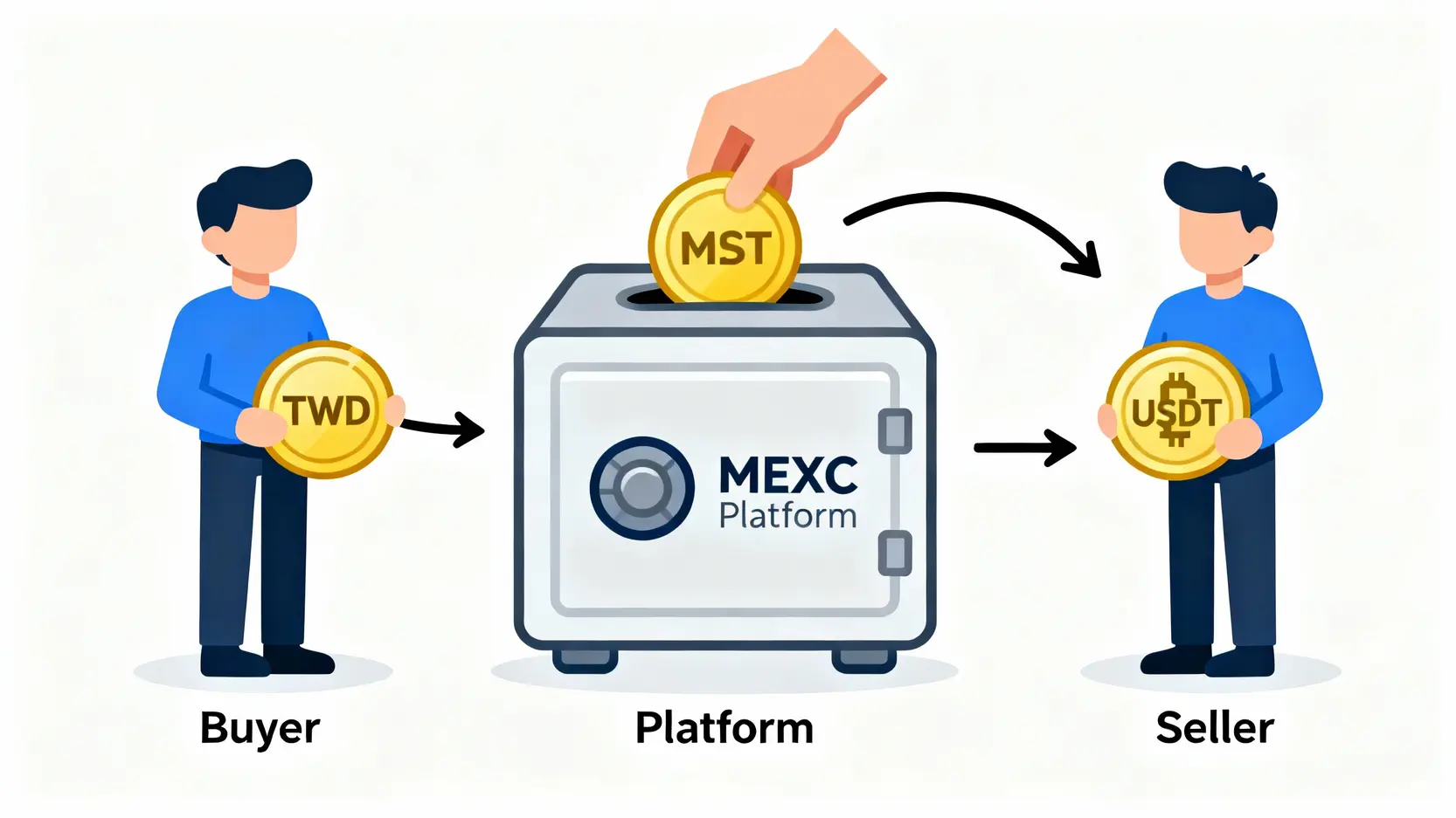 P2P交易運作原理示意圖，顯示MEXC平台如何作為中間人託管加密貨幣以確保交易安全。