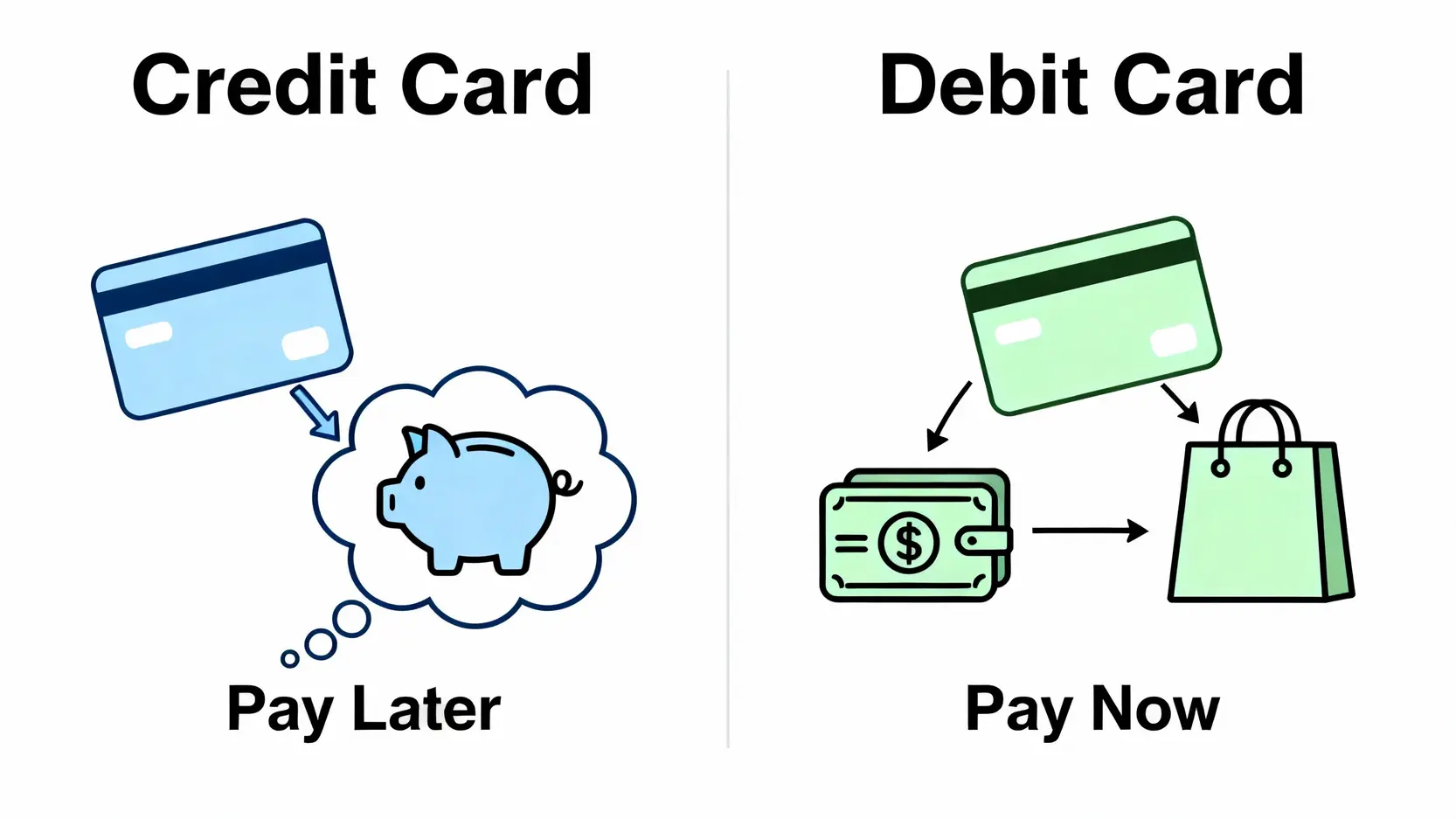 Visa信用卡與Visa金融卡的資金來源差異圖，信用卡是先消費後付款，金融卡是直接從帳戶扣款。
