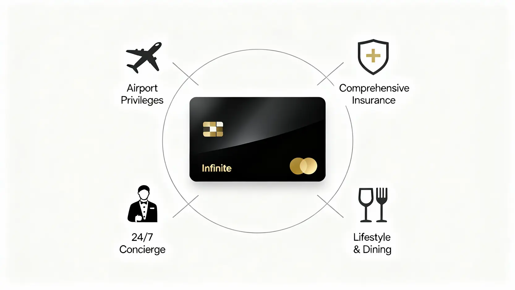 Visa無限卡申請條件與權益總整理(2025):一篇看懂頂級卡禮遇 Visa無限卡四大核心權益示意圖,包含機場禮遇、全面保險、全球禮賓服務以及生活餐飲優惠。