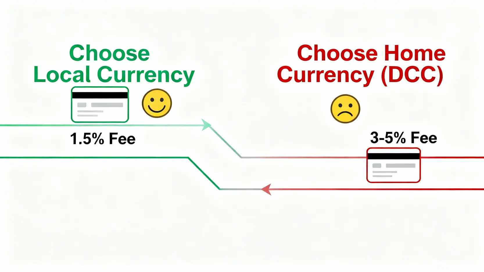 動態貨幣轉換（DCC）選擇比較圖，顯示選擇當地貨幣結帳的手續費較低，而選擇台幣結帳的手續費較高。