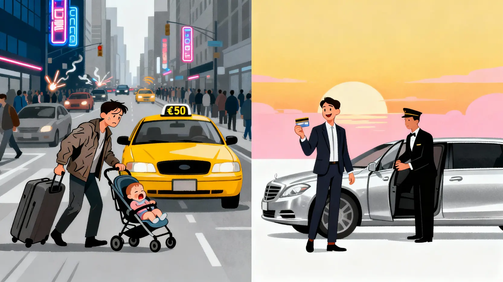 對比圖顯示使用信用卡機場接送可避免拖著行李趕車的狼狽，享受輕鬆的旅程開端。