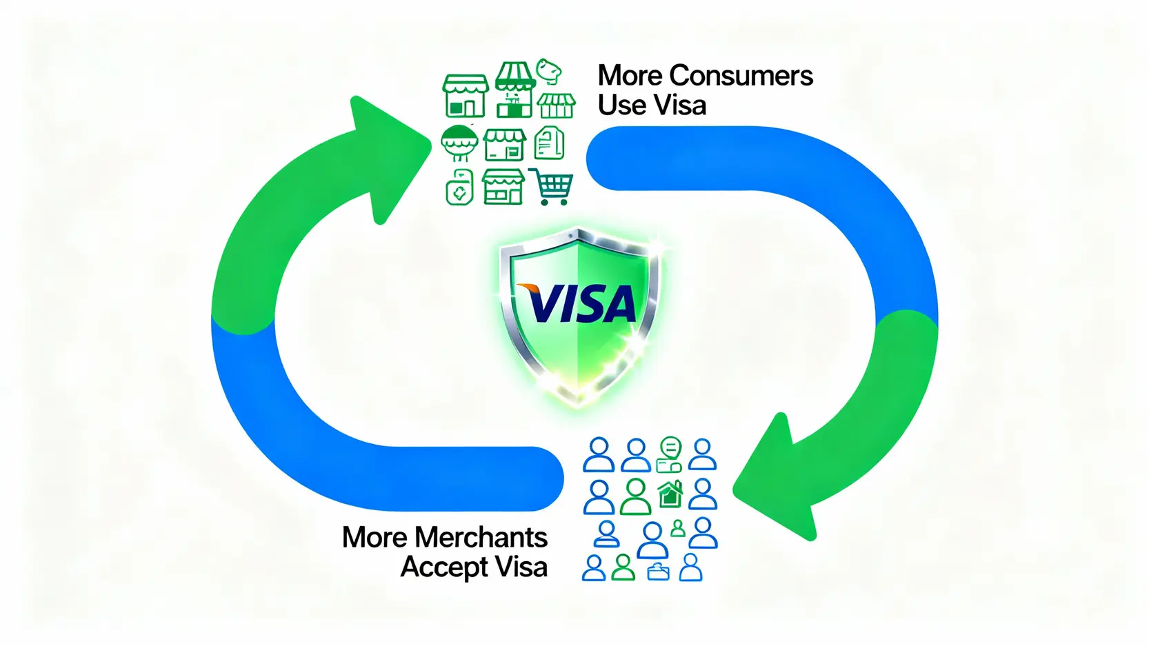 一張說明Visa網絡效應護城河的示意圖，展示了更多消費者和更多商家之間相互吸引的良性循環。