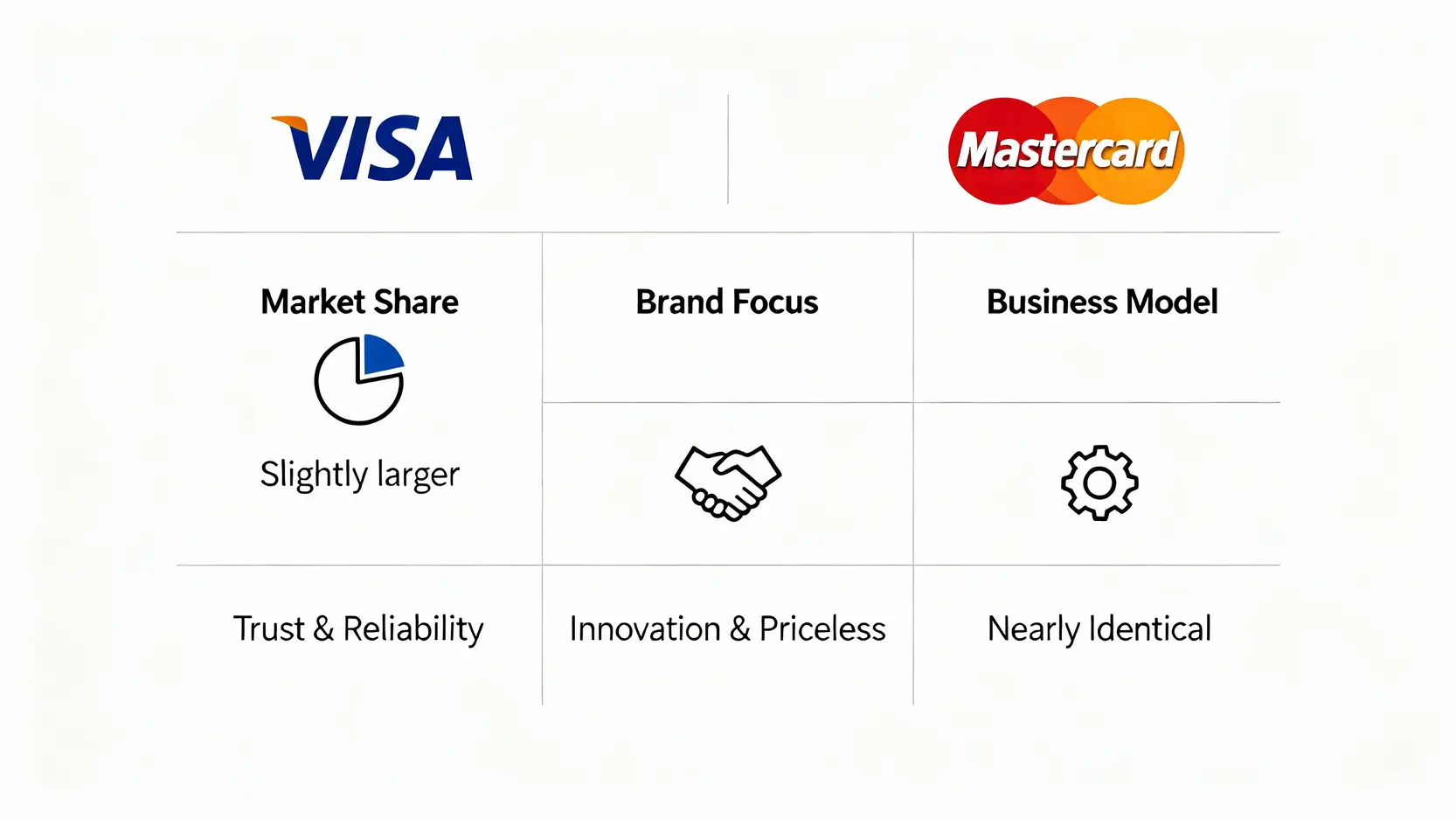 Visa與Mastercard的對比圖，比較兩者在市場份額、品牌重點和商業模式上的異同。