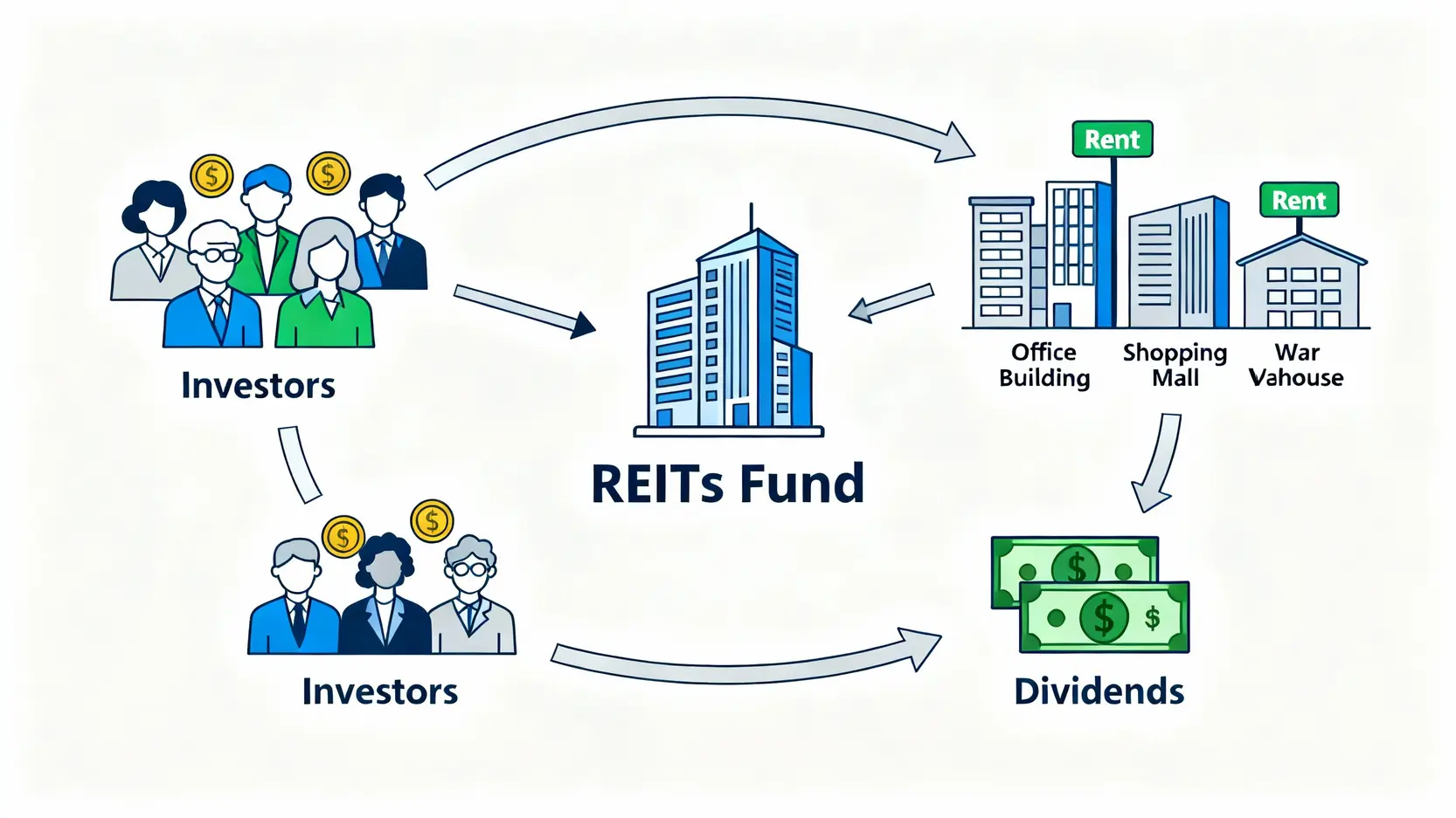 REITs運作模式示意圖，展示投資人資金如何透過REITs基金投資於不動產並獲取股利回報的循環過程。