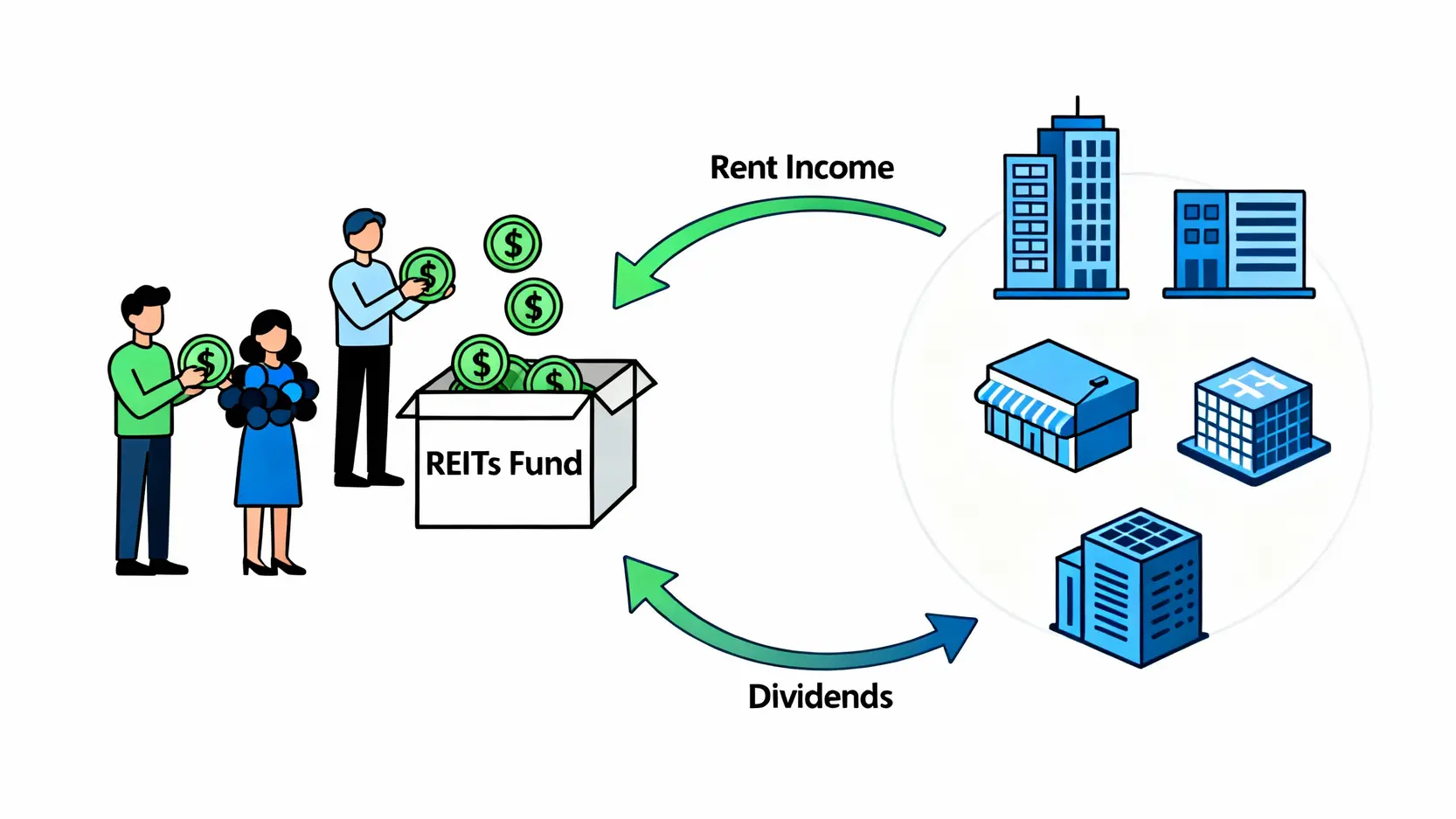 REITs運作模式示意圖，展示投資人資金如何透過REITs投資不動產並賺取租金股利。