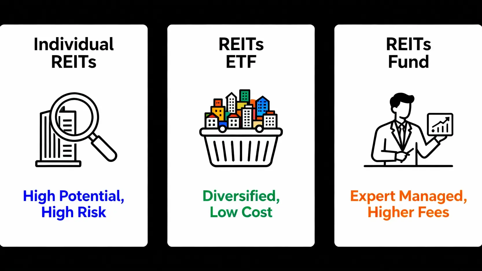 三種REITs投資方式比較圖：REITs個股、REITs ETF、與REITs基金的優缺點分析。